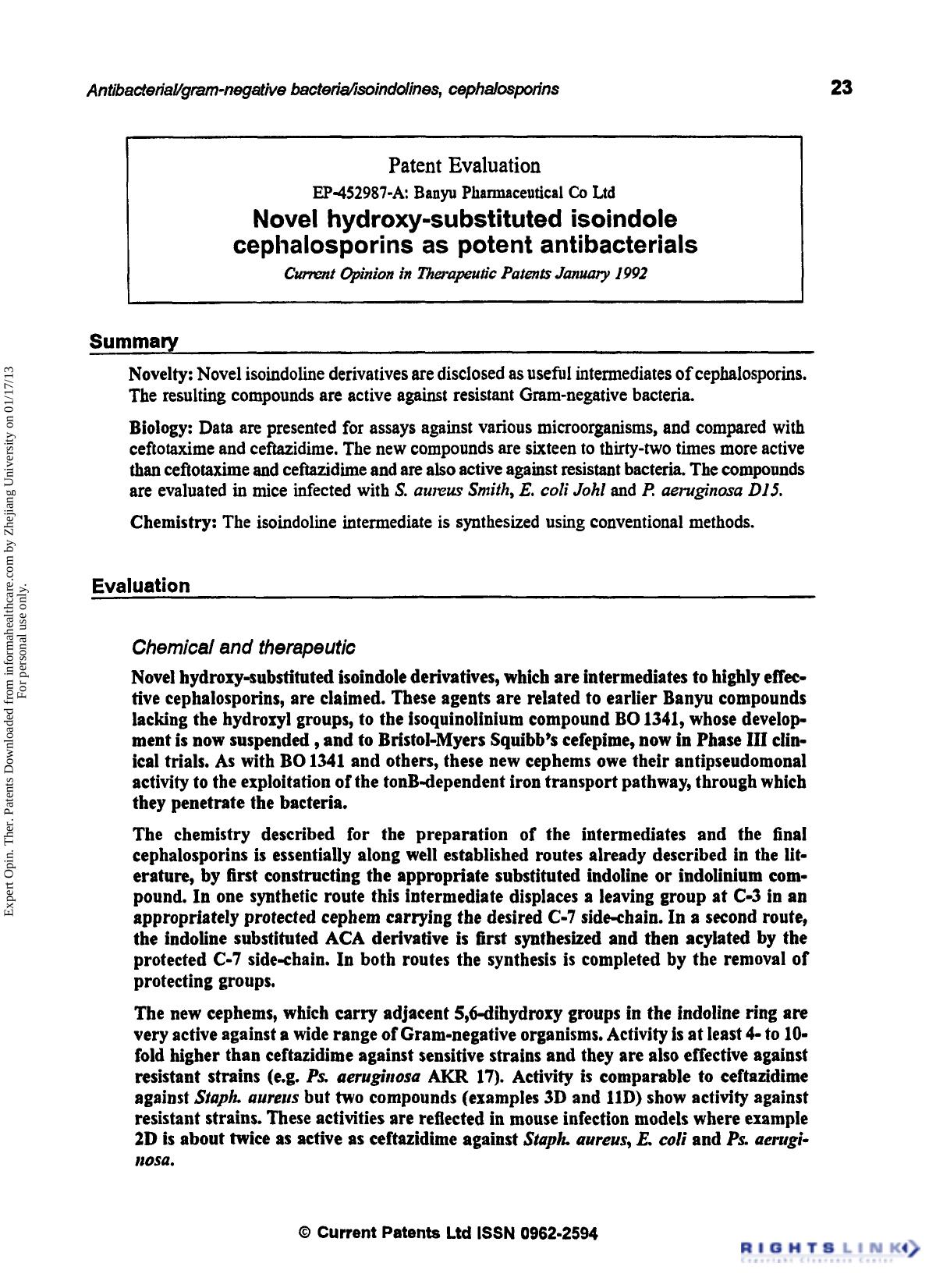 Patent Evaluation: Novel Hydroxy-Substituted Isoindole Cephalosporins as Potent Antibacterials by Unknown