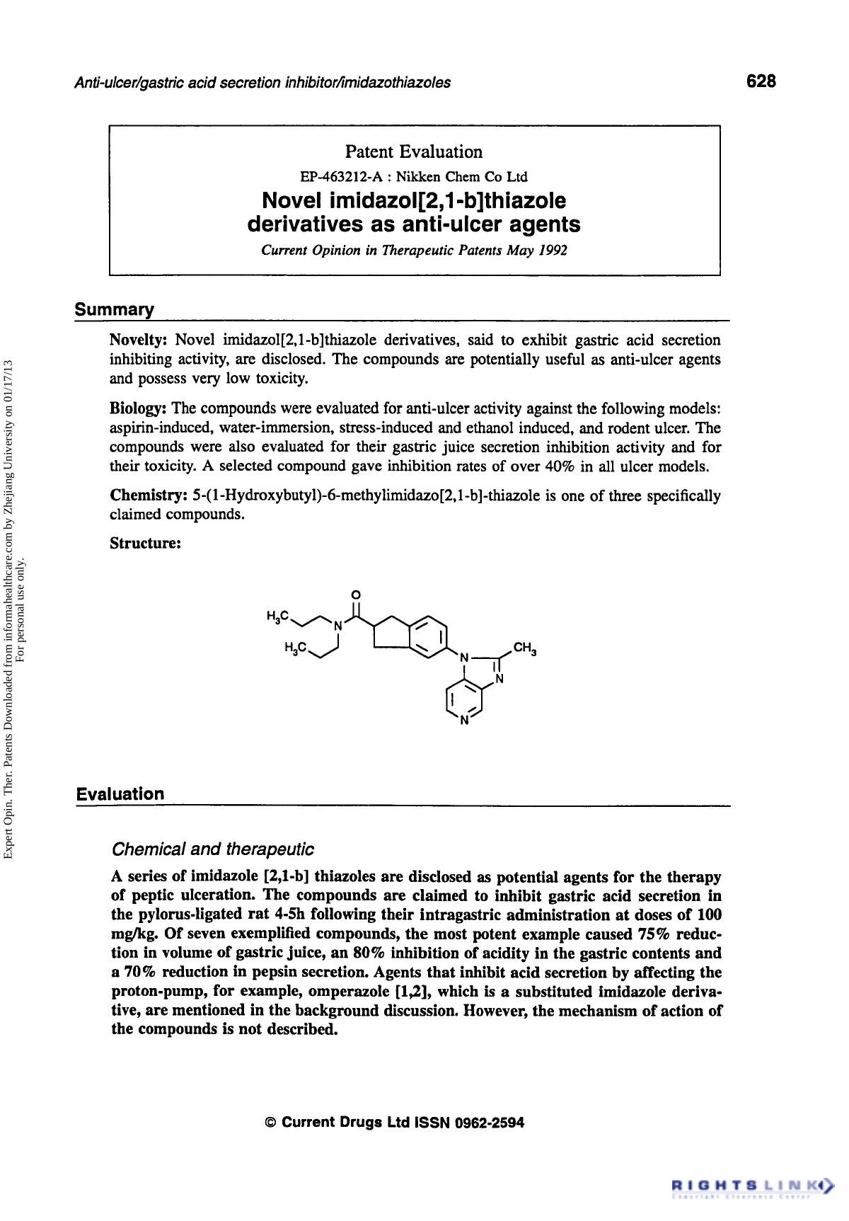 Patent Evaluation: Novel Imidazol[2,1-b]thiazole Derivatives as Anti-ulcer Agents by Unknown