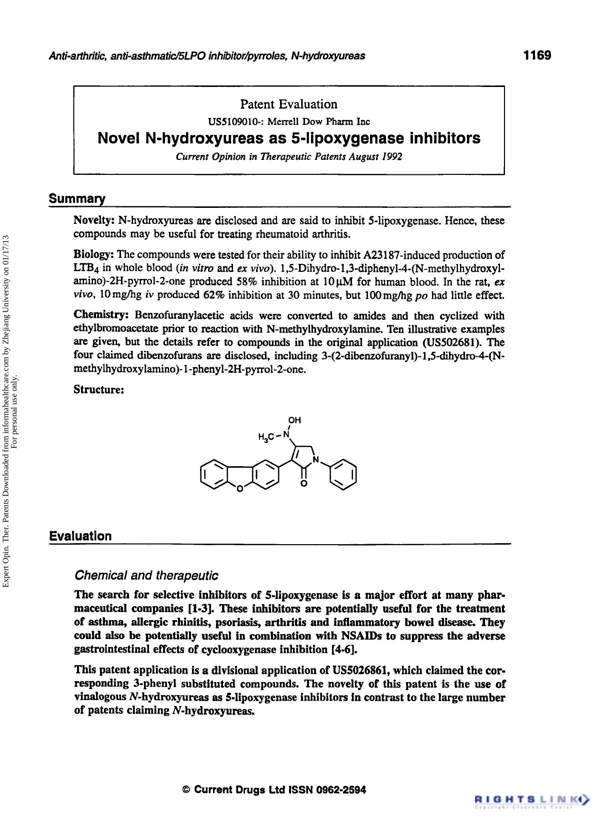 Patent Evaluation: Novel N-Hydroxyureas as 5-Lipoxygenase Inhibitors by Unknown