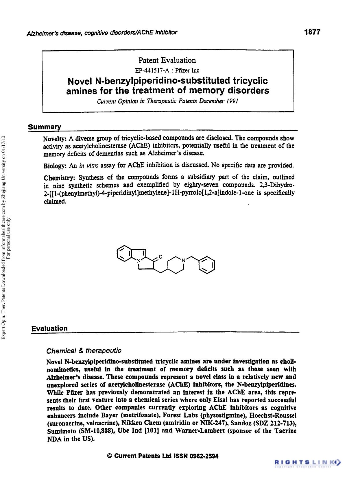 Patent Evaluation: Novel N-benzylpiperidino-Substituted Tricyclic Amines for the Treatment of Memory Disorders by Unknown