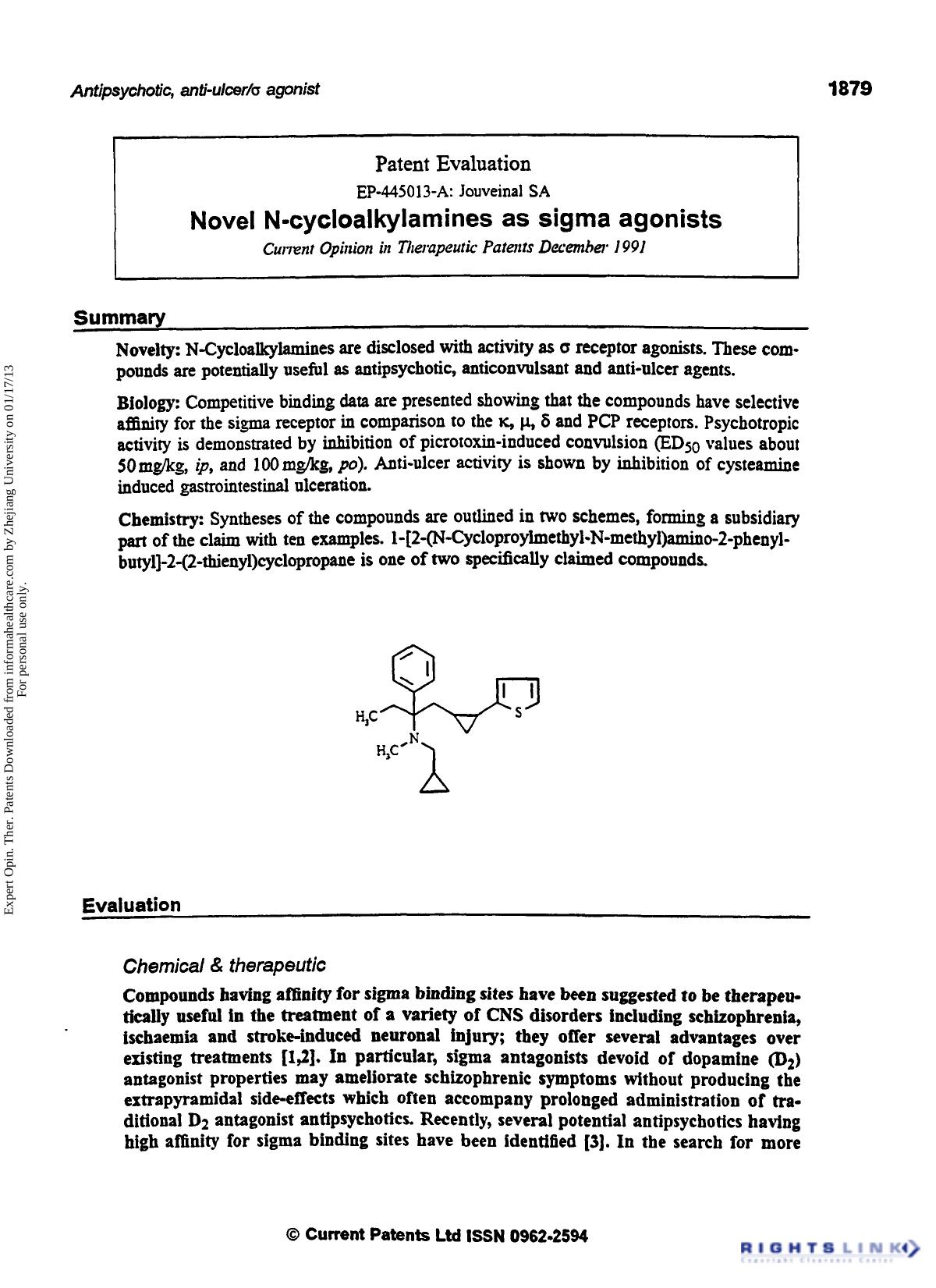 Patent Evaluation: Novel N-cycloalkylamines as Sigma Agonists by Unknown