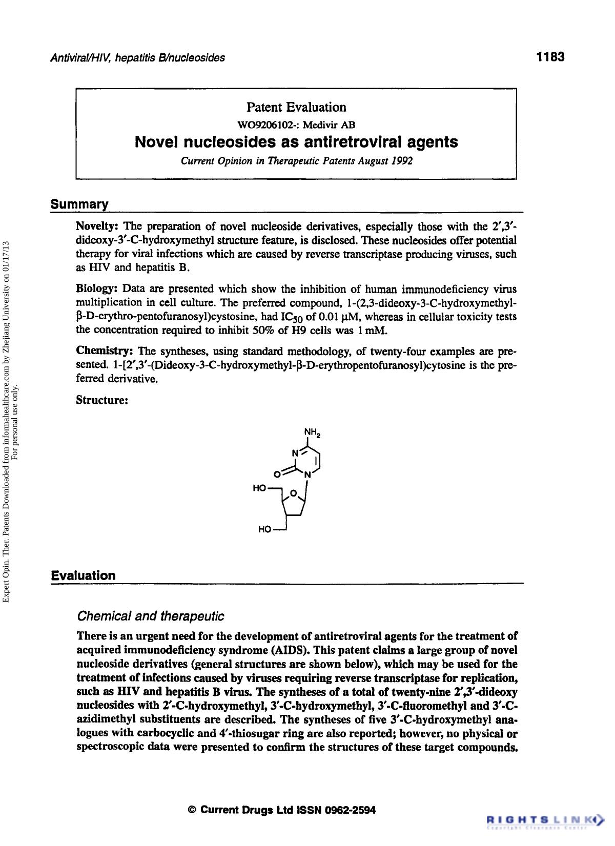 Patent Evaluation: Novel Nucleosides as Antiretroviral Agents by Unknown