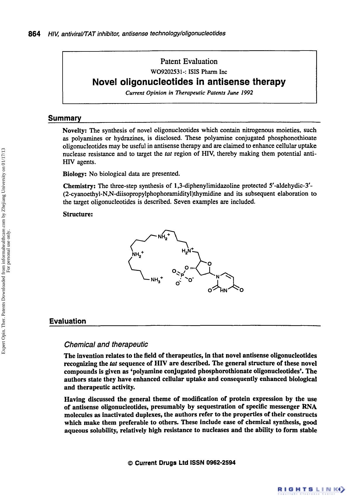 Patent Evaluation: Novel Oligonucleotides in Antisense Therapy by Unknown