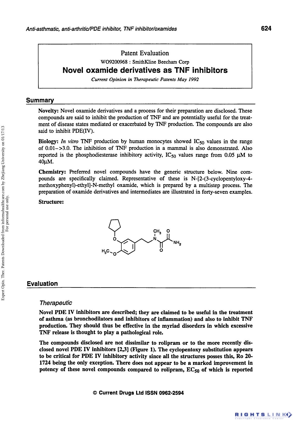 Patent Evaluation: Novel Oxamide Derivatives as TNF Inhibitors by Unknown