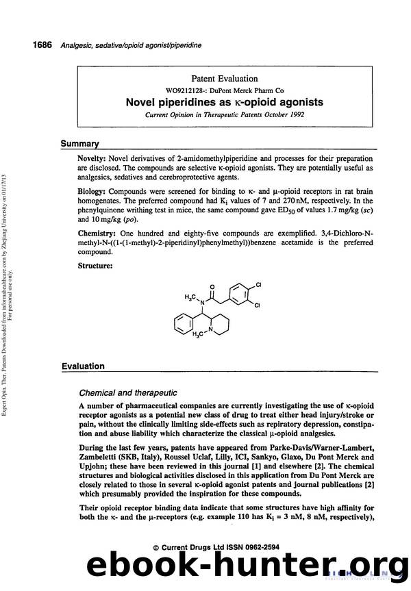 Patent Evaluation: Novel Piperidines as Îº-opioid Agonists by Unknown