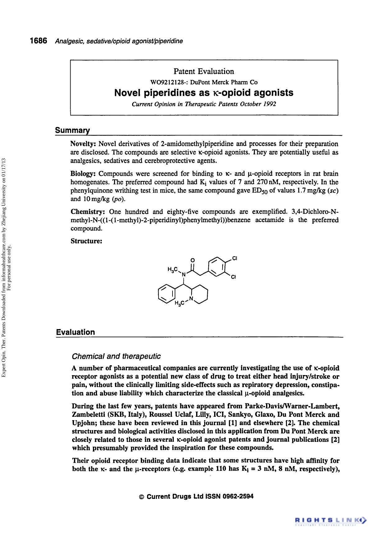 Patent Evaluation: Novel Piperidines as κ-opioid Agonists by Unknown