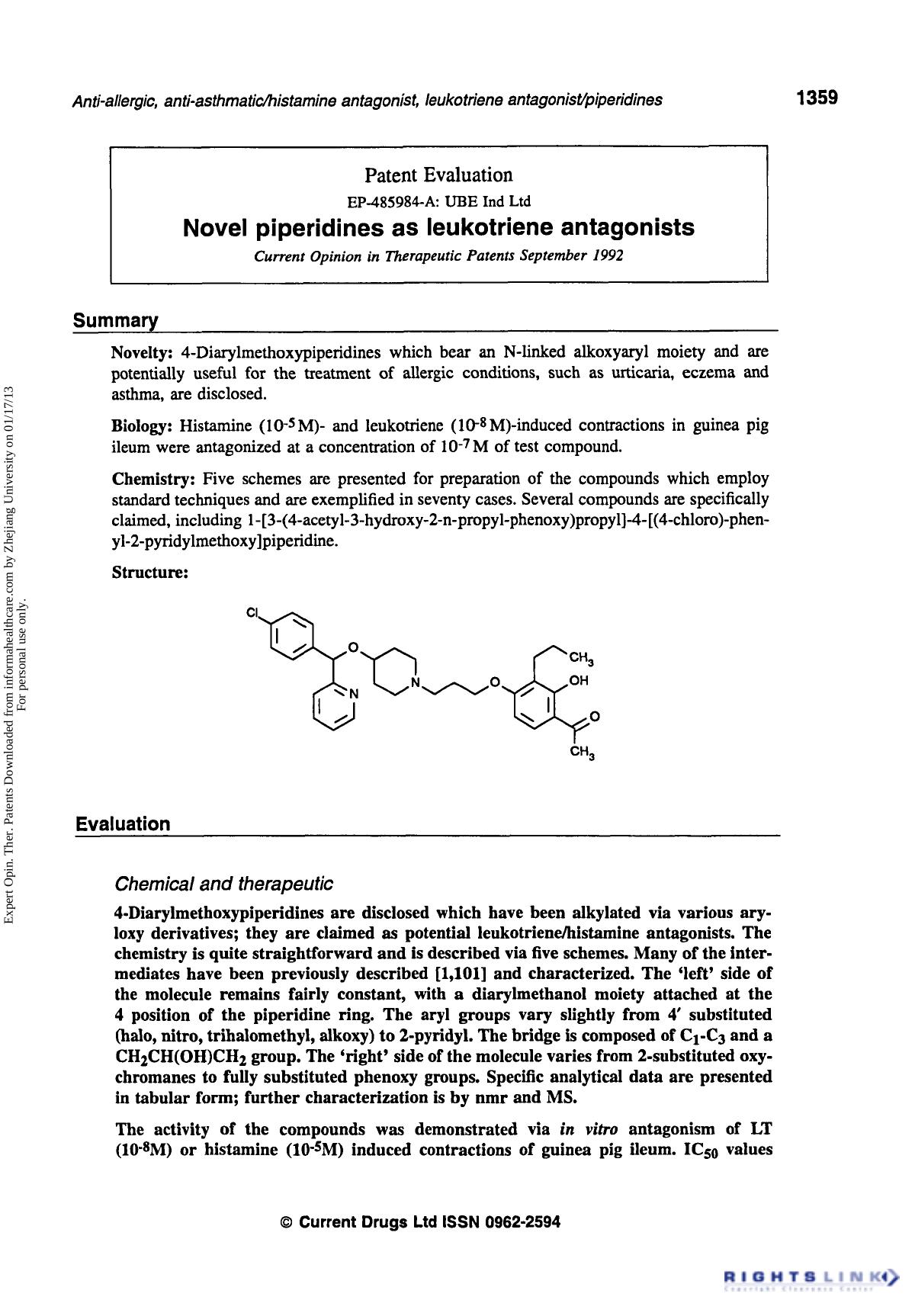 Patent Evaluation: Novel Piperidines as Leukotriene Antagonists by Unknown