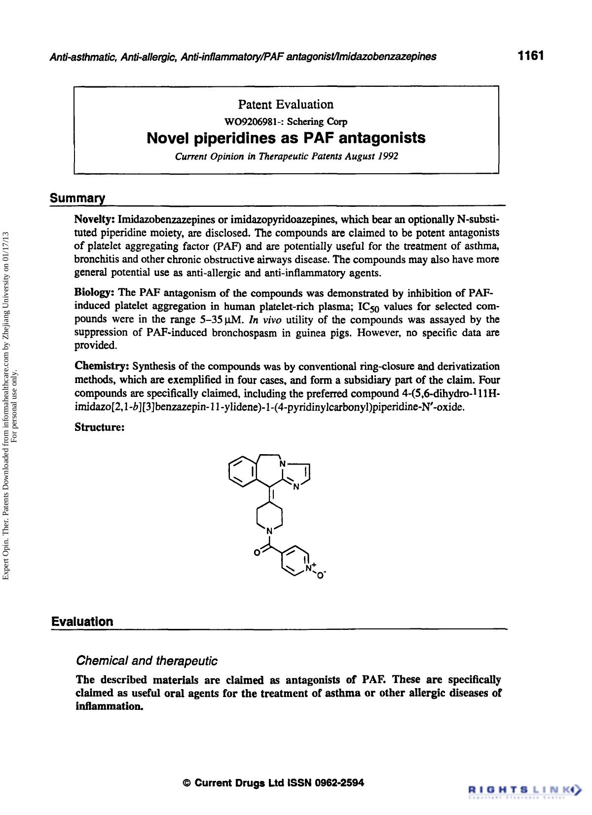 Patent Evaluation: Novel Piperidines as PAF Antagonists by Unknown