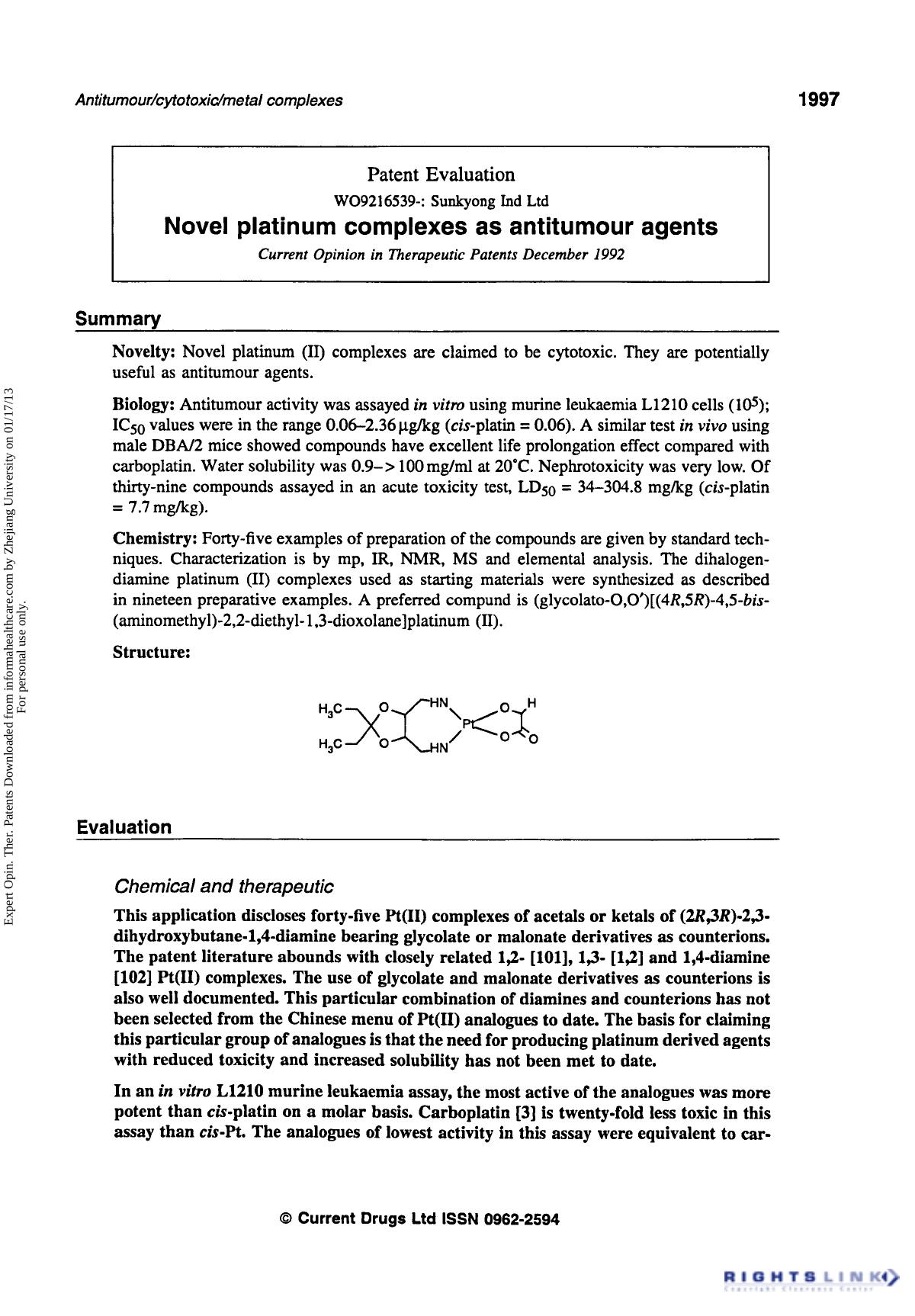 Patent Evaluation: Novel Platinum Complexes as Antitumour Agents by Unknown
