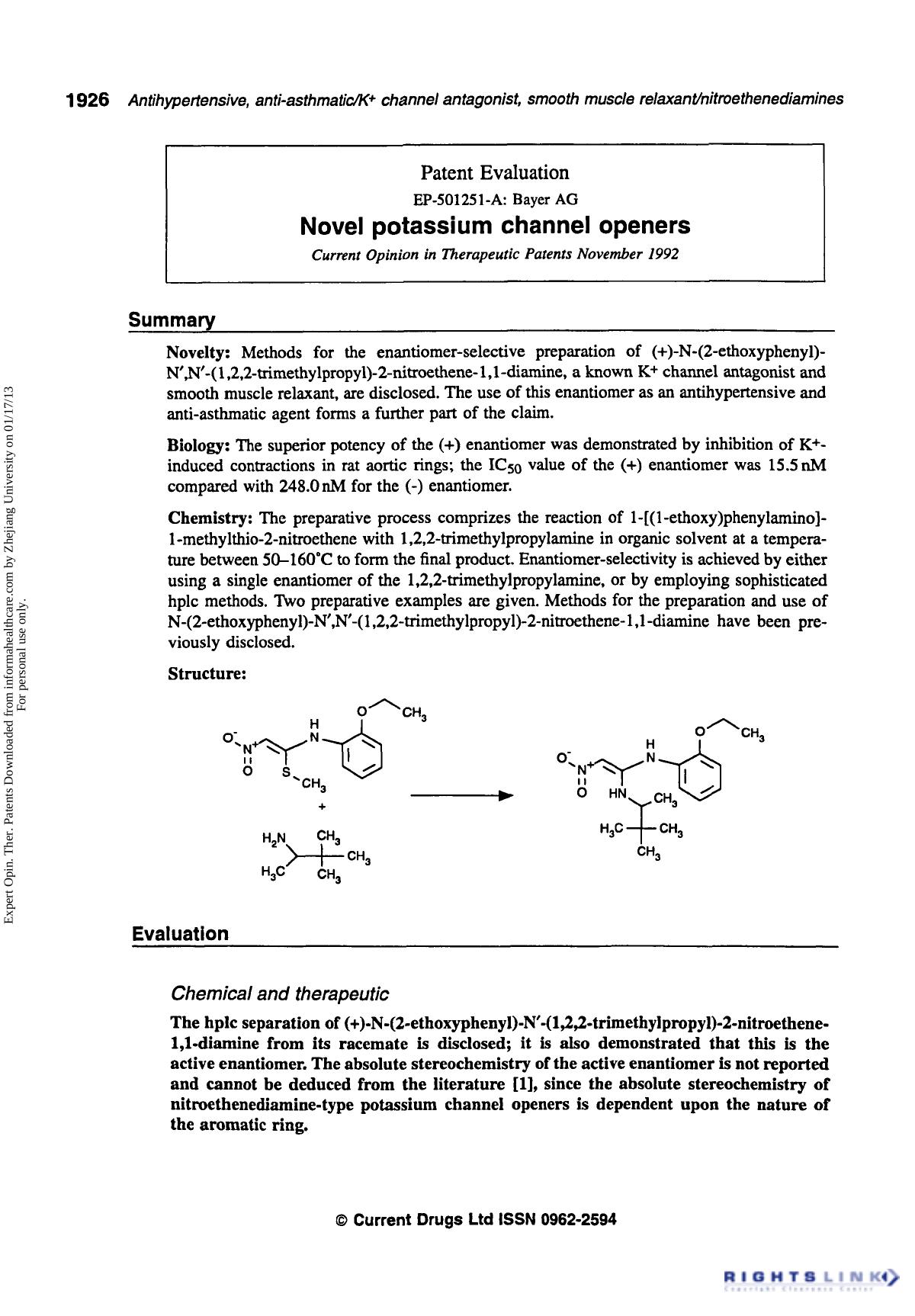 Patent Evaluation: Novel Potassium Channel Openers by Unknown
