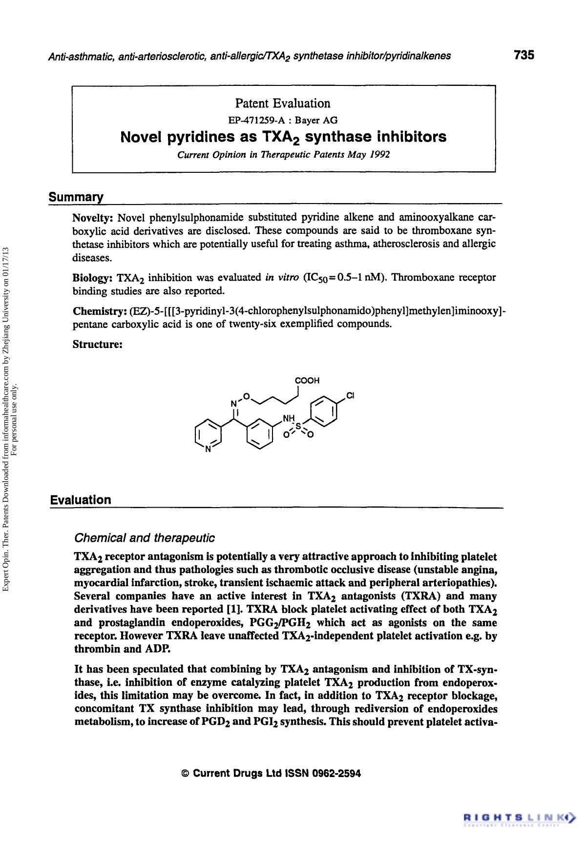 Patent Evaluation: Novel Pyridines as TXA2 Synthase Inhibitors by Unknown