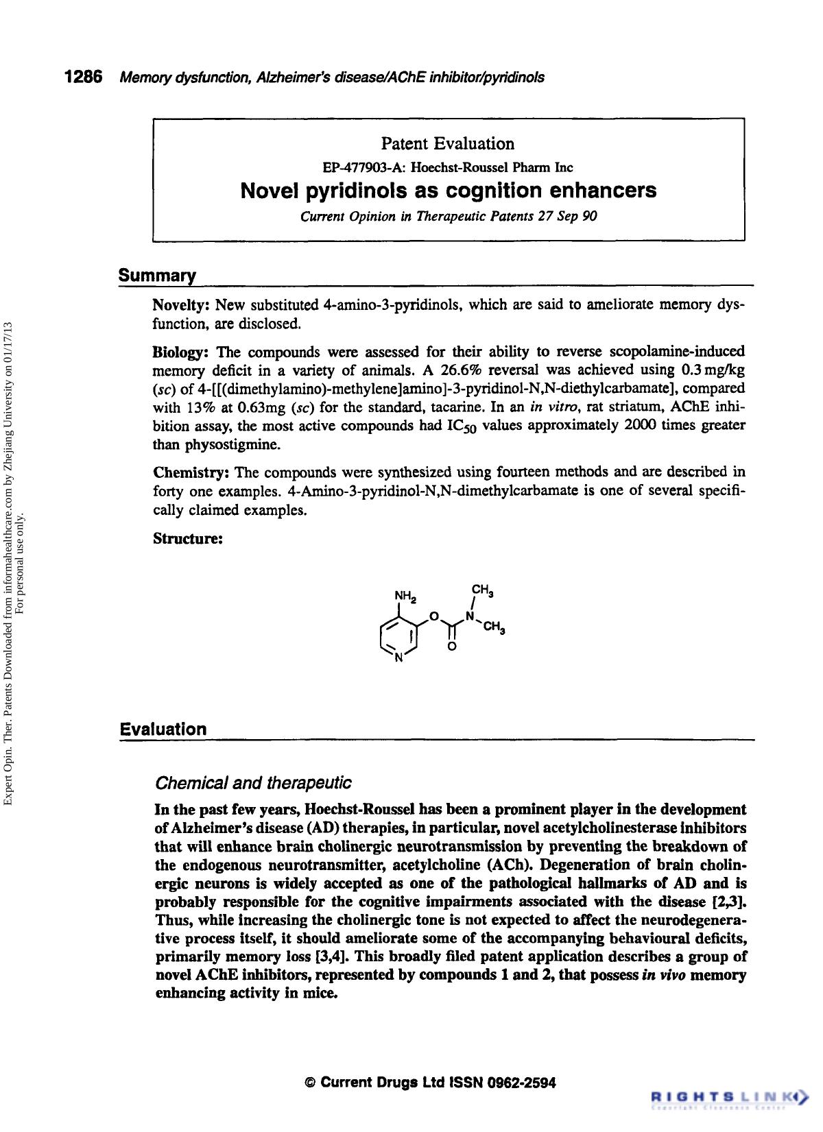 Patent Evaluation: Novel Pyridinols as Cognition Enhancers by Unknown