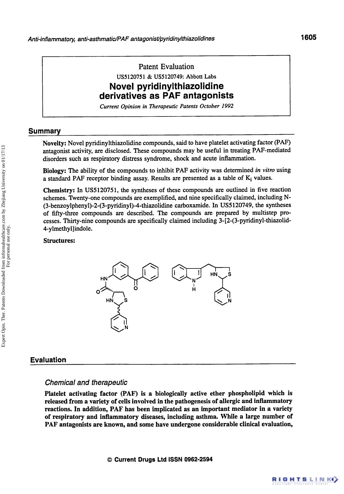 Patent Evaluation: Novel Pyridinyithiazolidine Derivatives as PAF Antagonists by Unknown