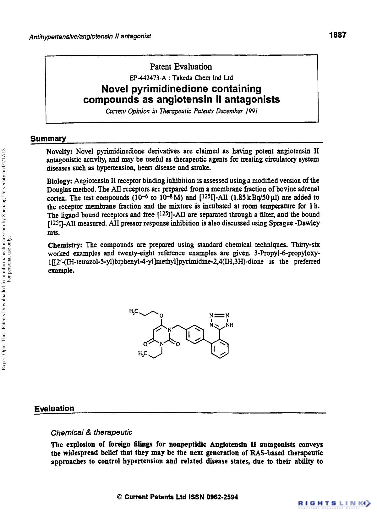 Patent Evaluation: Novel Pyrimidinedione Containing Compounds as Angiotensin II Antagonists by Unknown