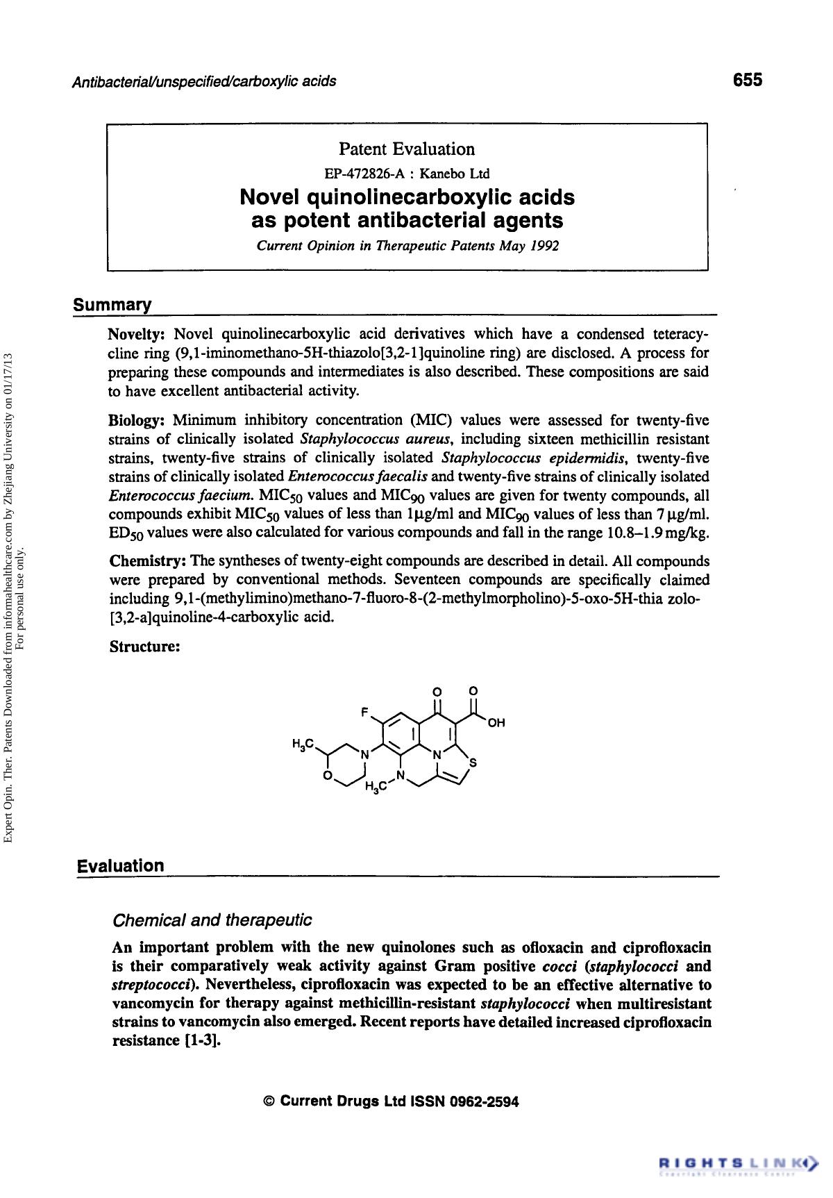Patent Evaluation: Novel Quinolinecarboxylic Acids as Potent Antibacterial Agents by Unknown