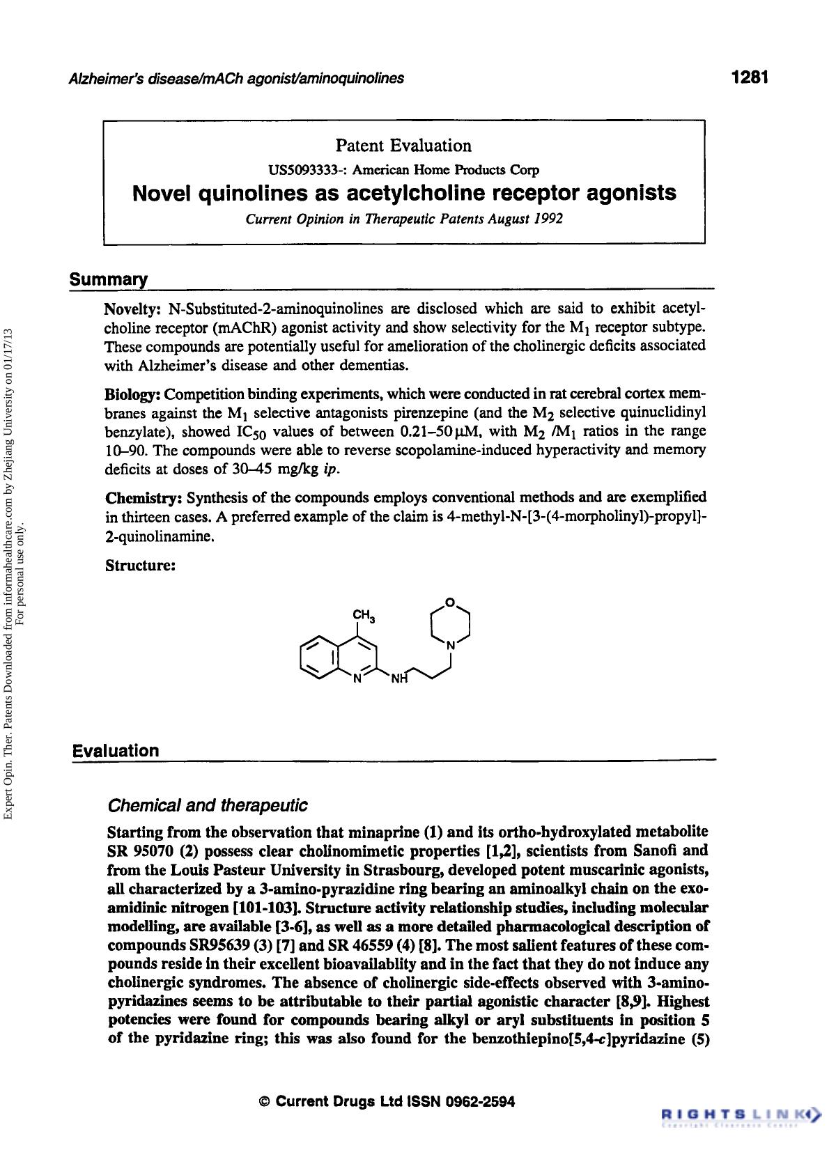 Patent Evaluation: Novel Quinolines as Acetylcholine Receptor Agonists by Unknown