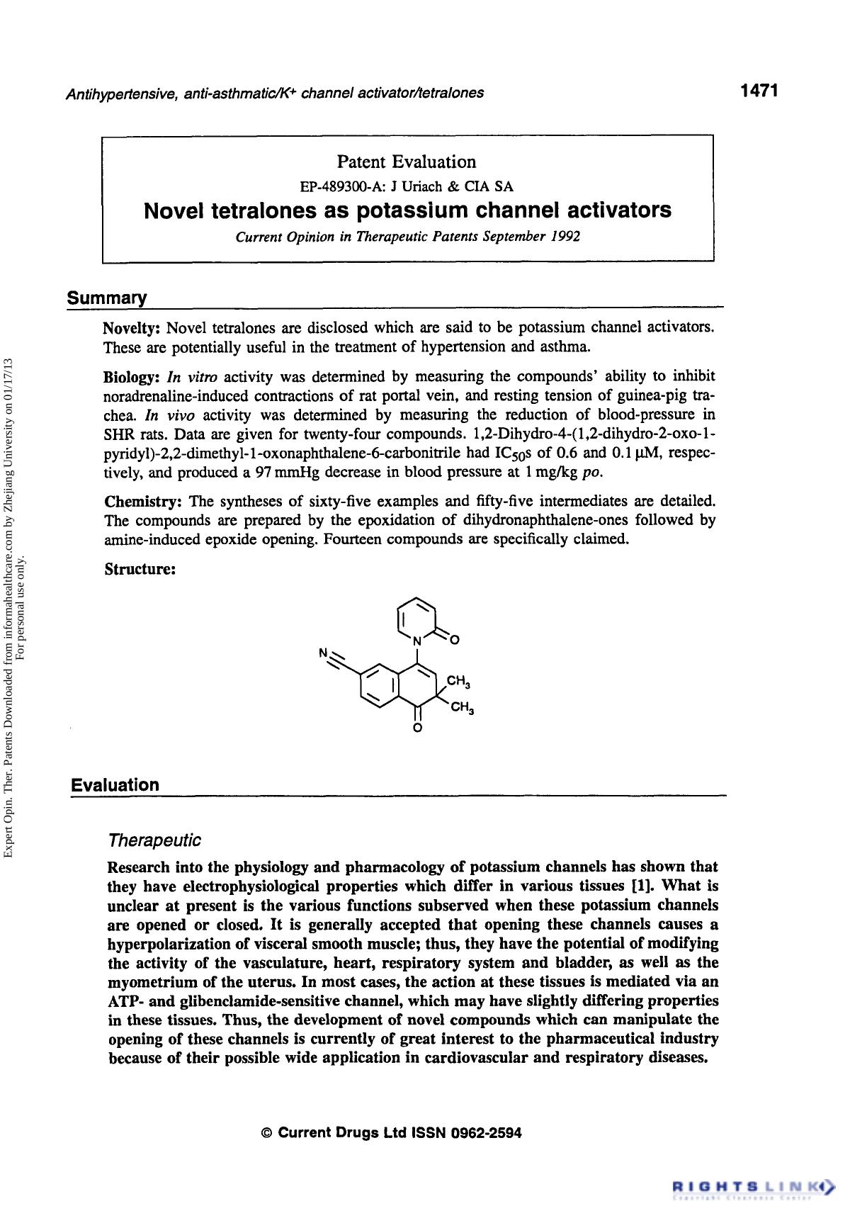 Patent Evaluation: Novel Tetralones as Potassium Channel Activators by Unknown