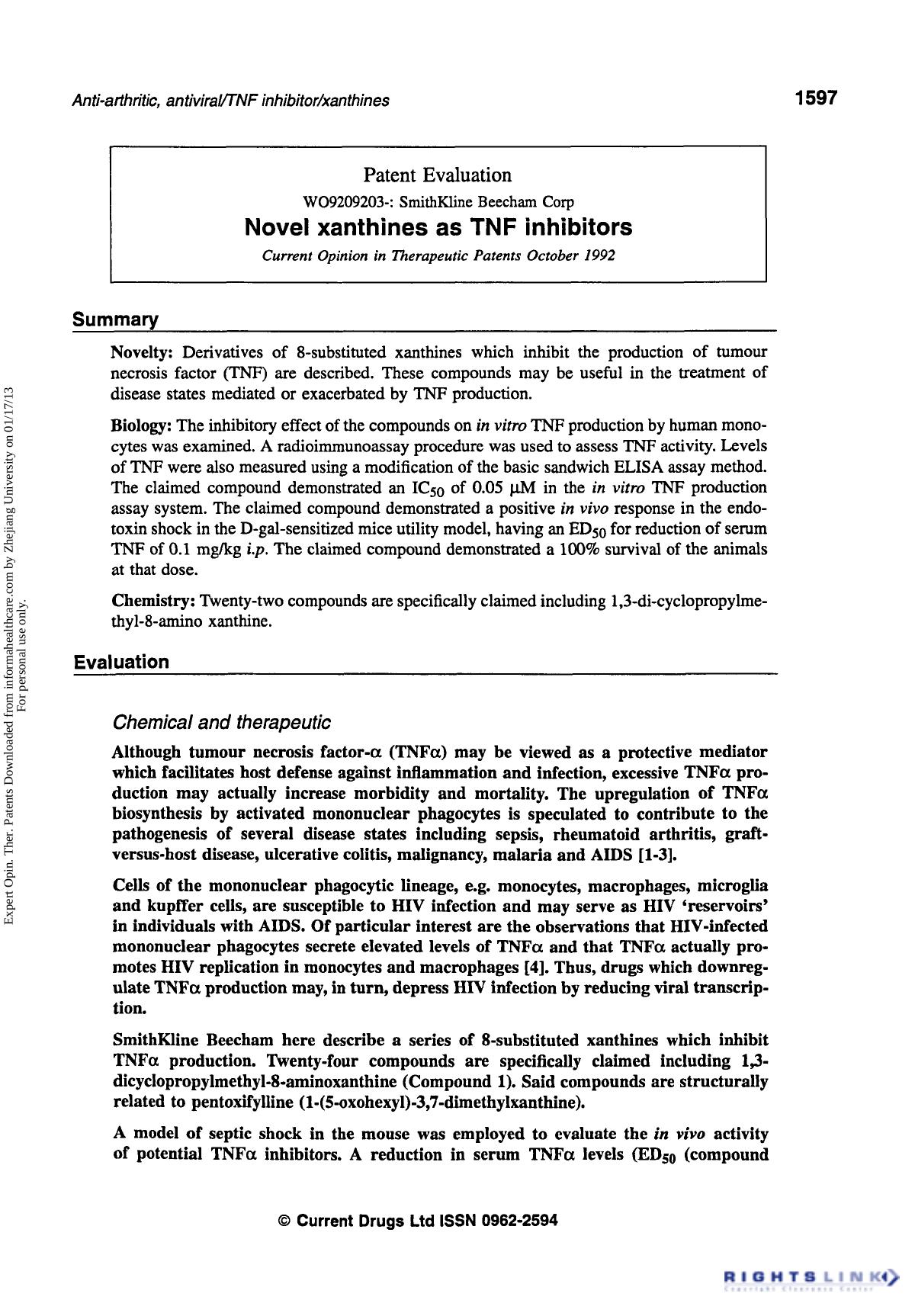 Patent Evaluation: Novel Xanthines as TNF Inhibitors by Unknown