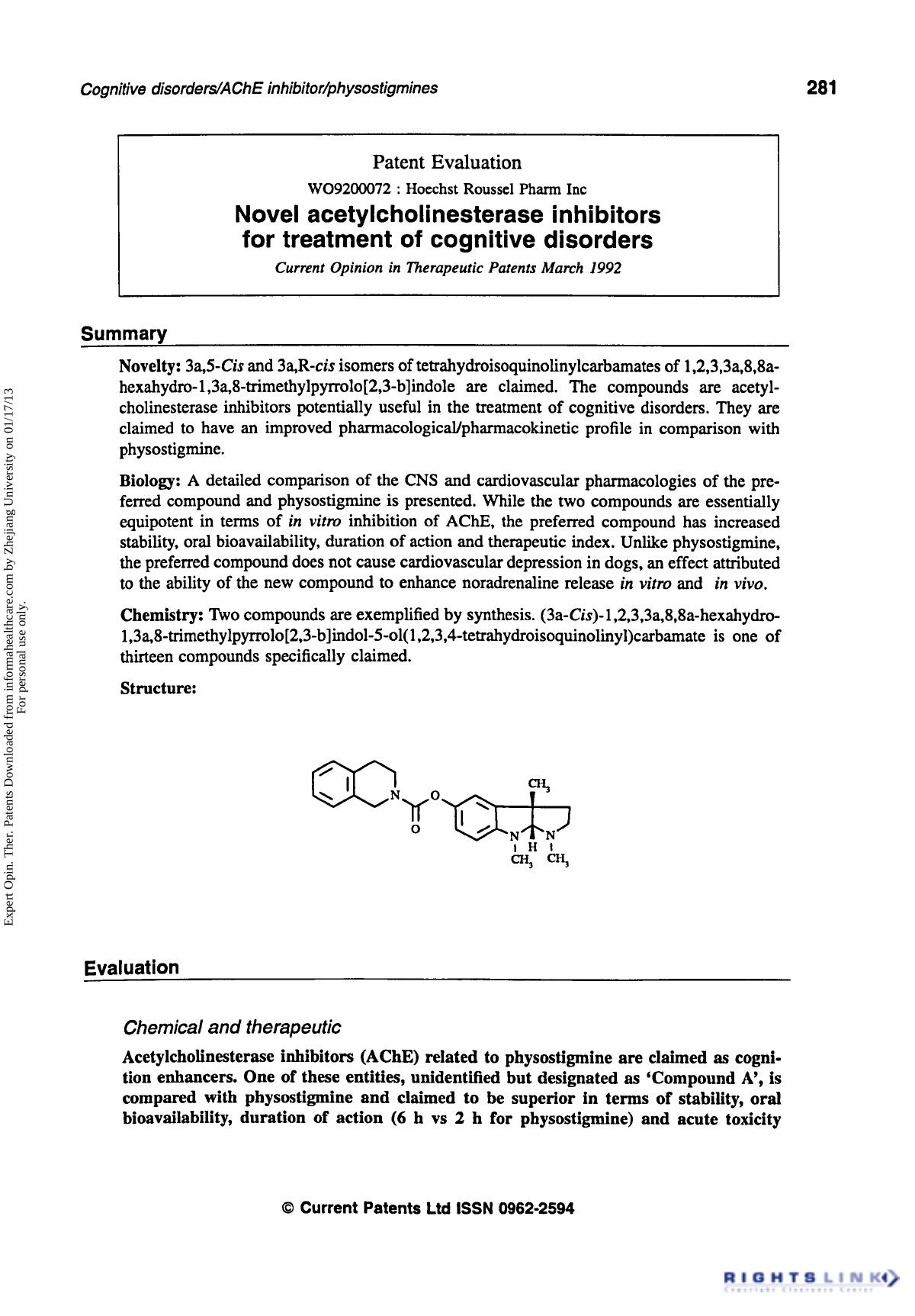 Patent Evaluation: Novel acetylcholinesterase inhibitors for treatment of cognitive disorders by Unknown