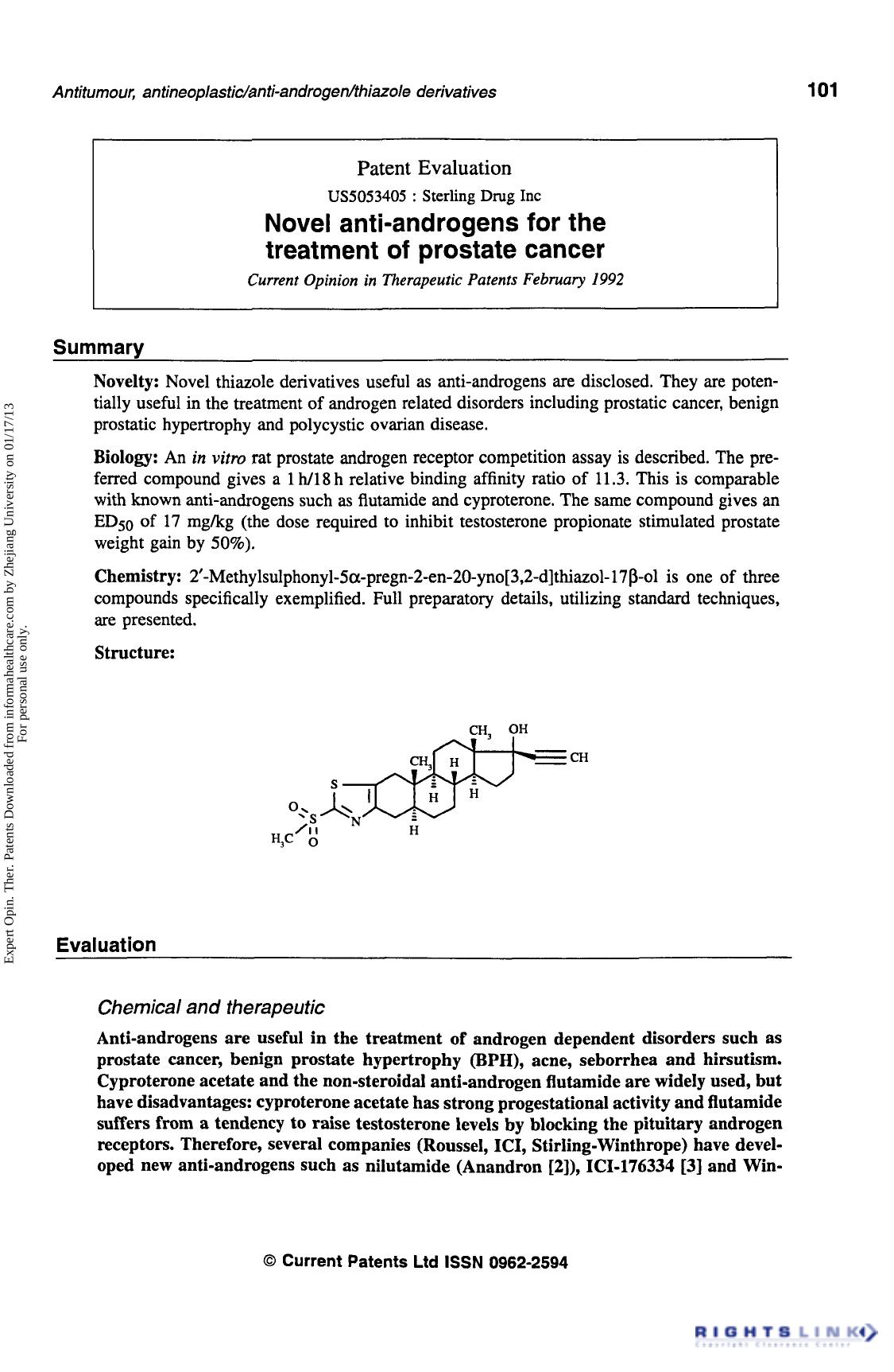 Patent Evaluation: Novel anti-androgens for the treatment of prostate cancer by Unknown
