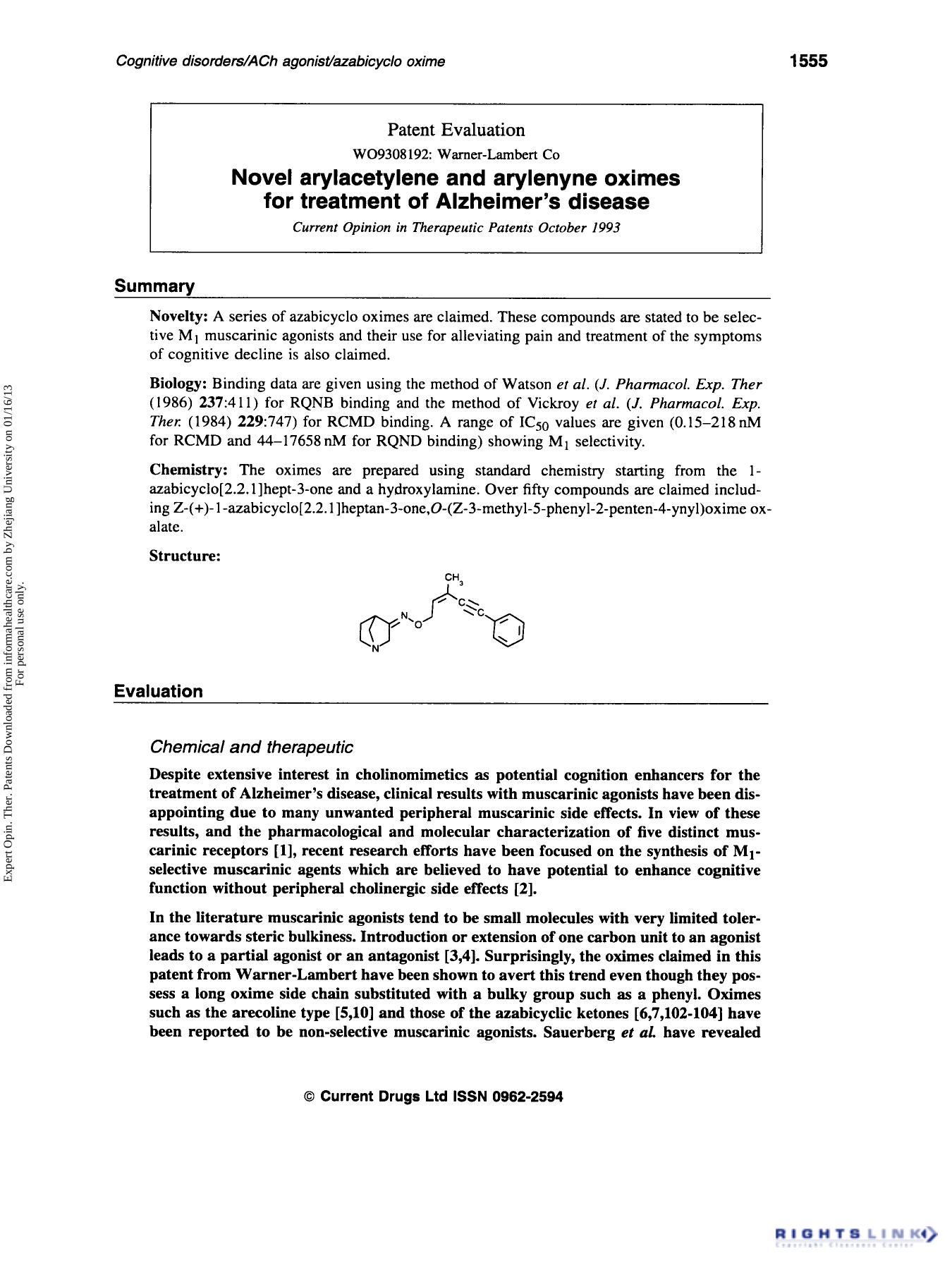 Patent Evaluation: Novel arylacetylene and arylenyne oximes for treatment of Alzheimer's disease by Unknown