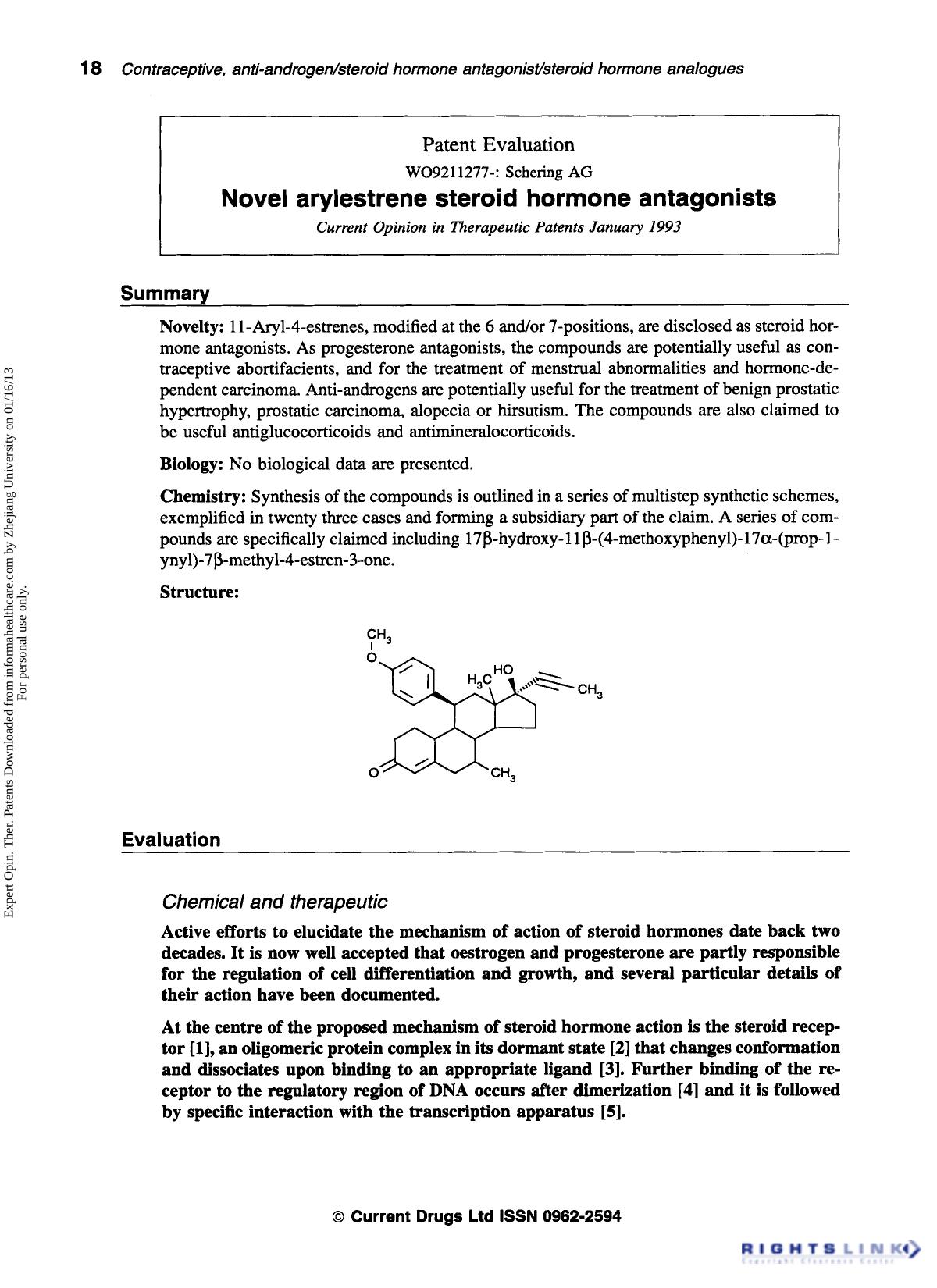 Patent Evaluation: Novel arylestrene steroid hormone antagonists by Unknown