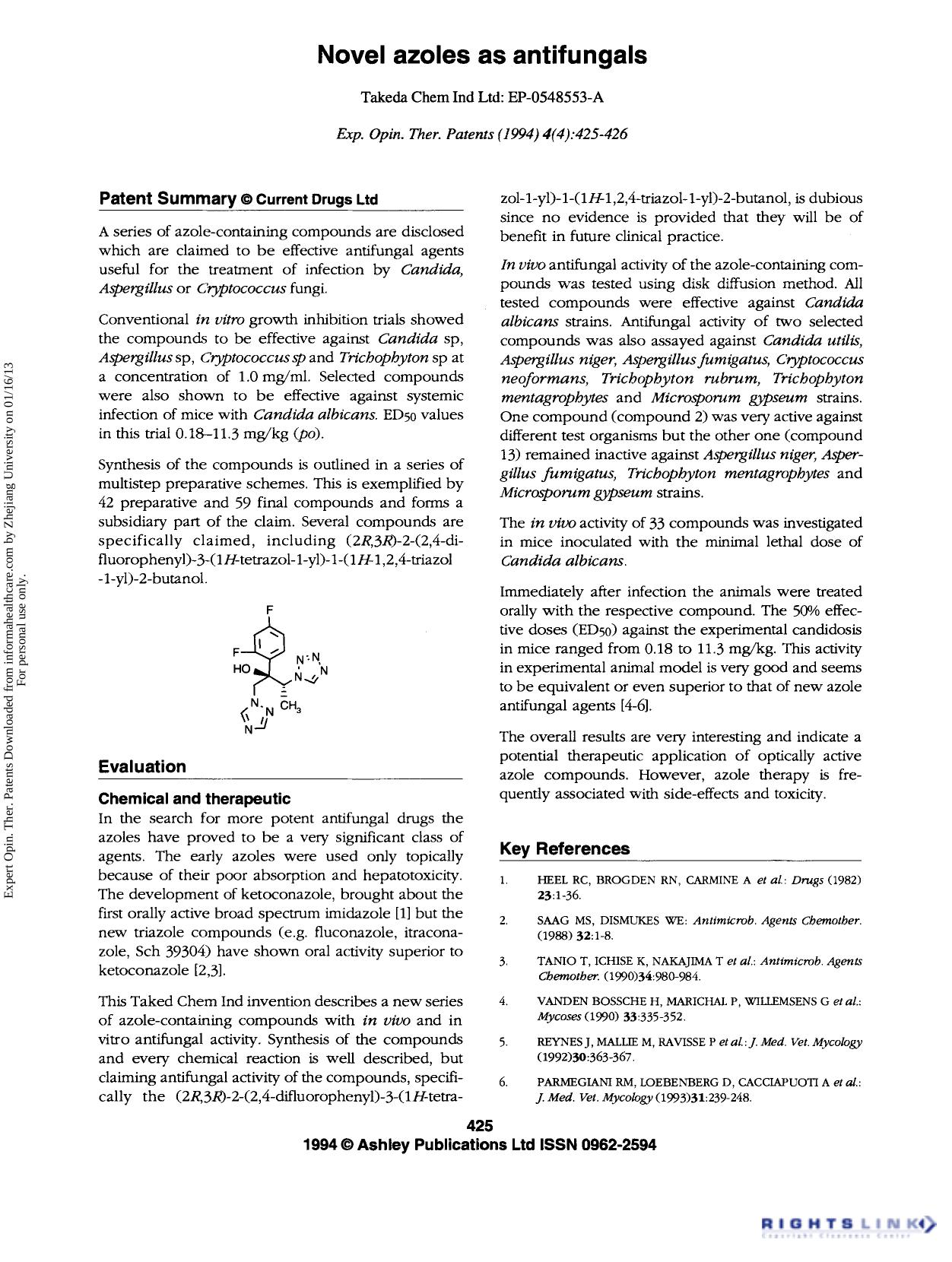 Patent Evaluation: Novel azoles as antifungals by Unknown