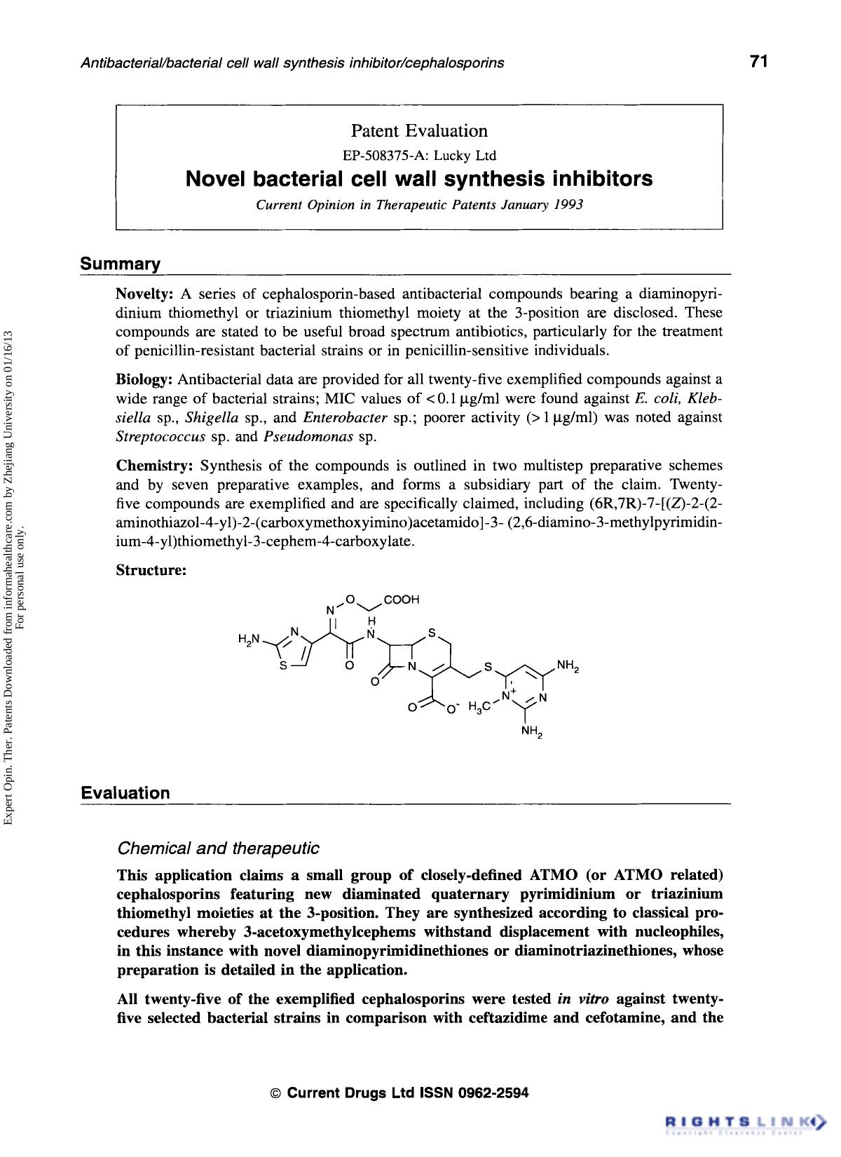 Patent Evaluation: Novel bacterial cell wall synthesis inhibitors by Unknown