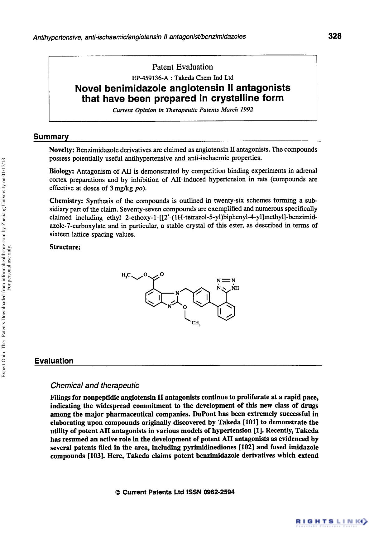 Patent Evaluation: Novel benimidazole angiotensin II antagonists that have been prepared in crystalline form by Unknown