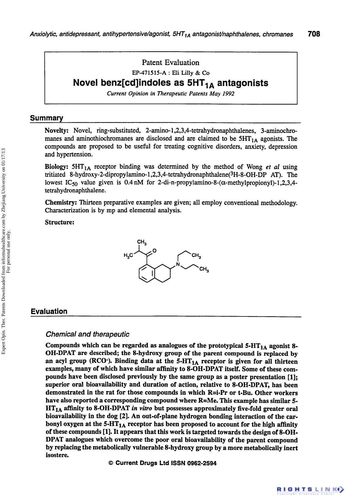 Patent Evaluation: Novel benz[cd]indoles as 5HT1A Antagonists by Unknown