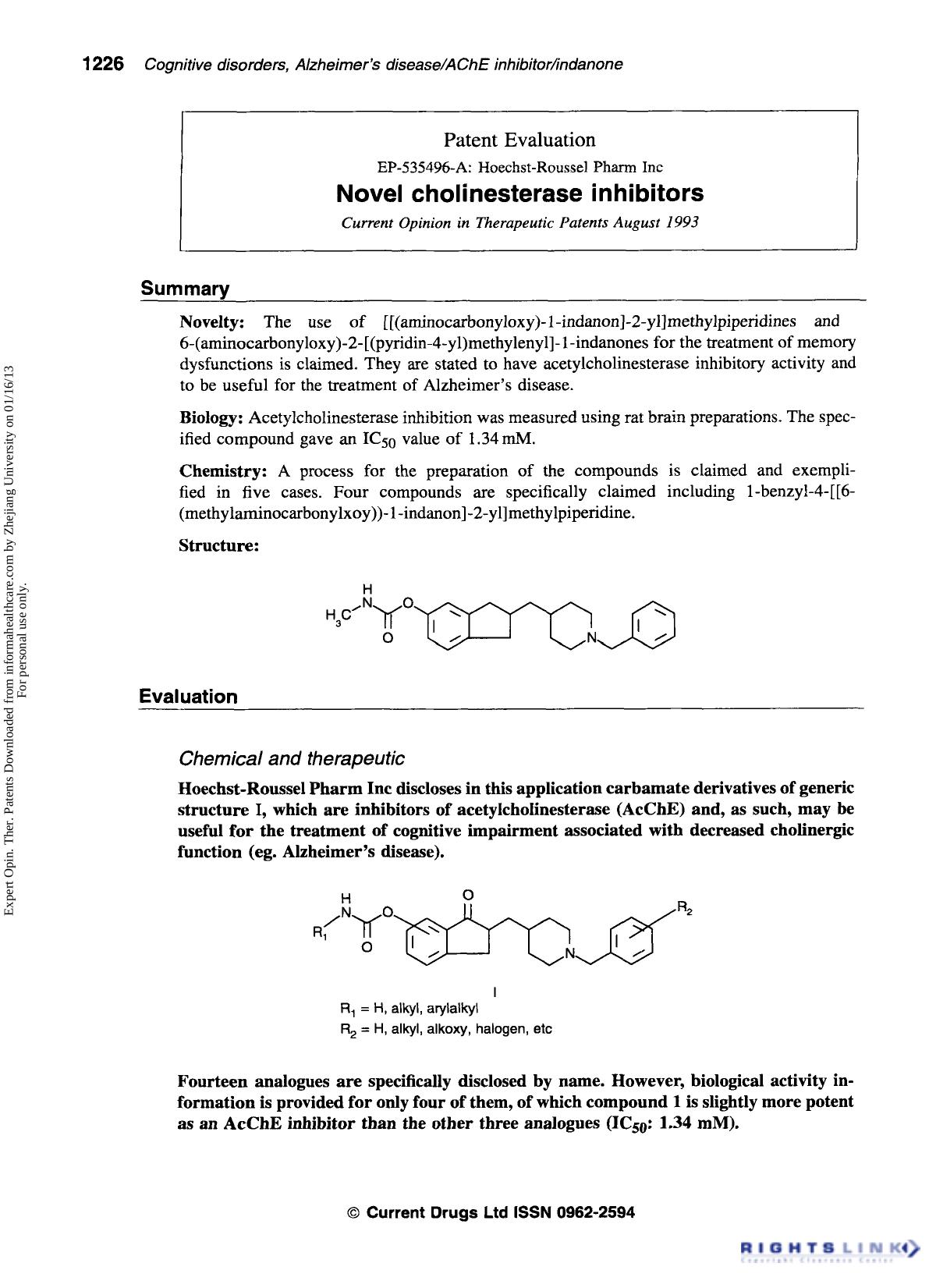 Patent Evaluation: Novel cholinesterase inhibitors by Unknown