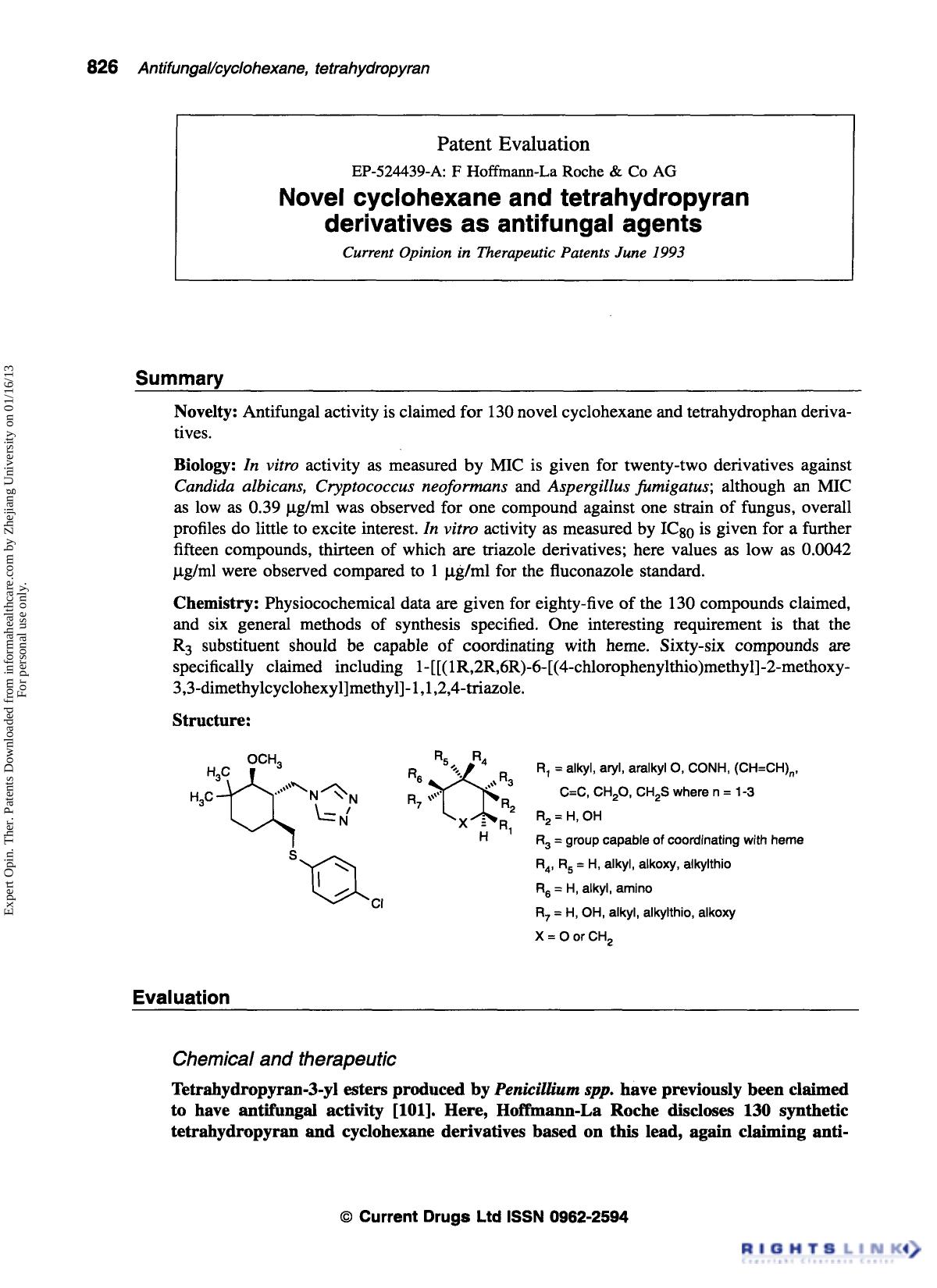 Patent Evaluation: Novel cyclohexane and tetrahydropyran derivatives as antifungal agents by Unknown