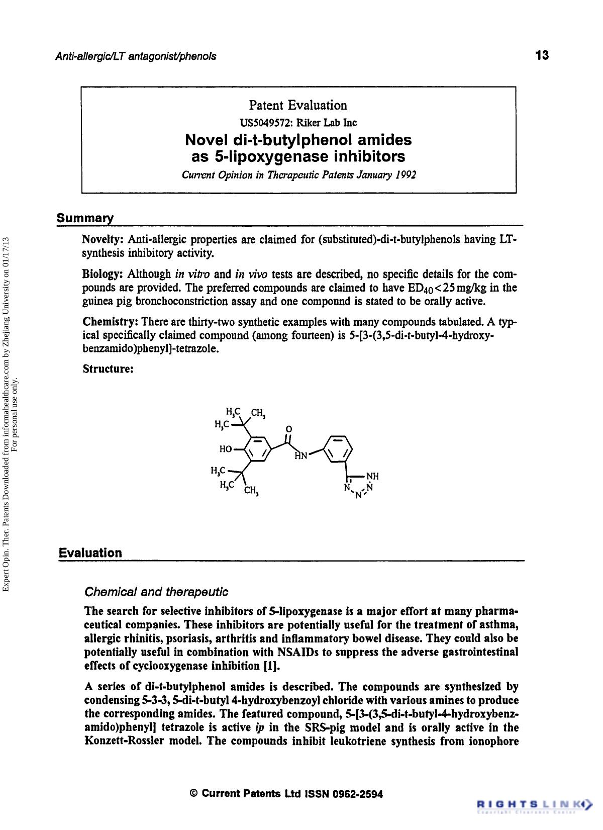 Patent Evaluation: Novel di-t-butylphenol Amides as 5-lipoxygenase Inhibitors by Unknown