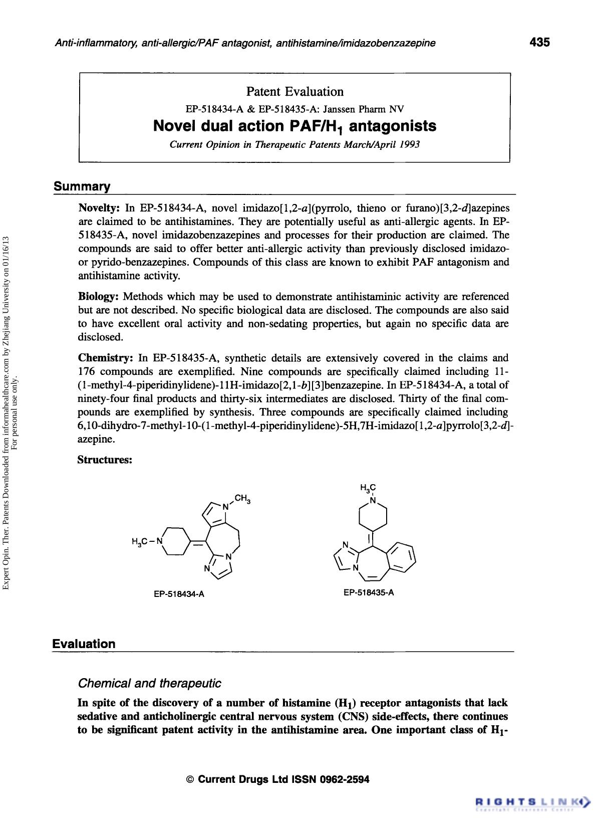 Patent Evaluation: Novel dual action PAFH1 antagonists by Unknown