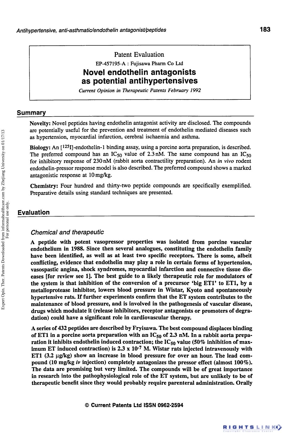 Patent Evaluation: Novel endothelin antagonists as potential antihypertensives by Unknown
