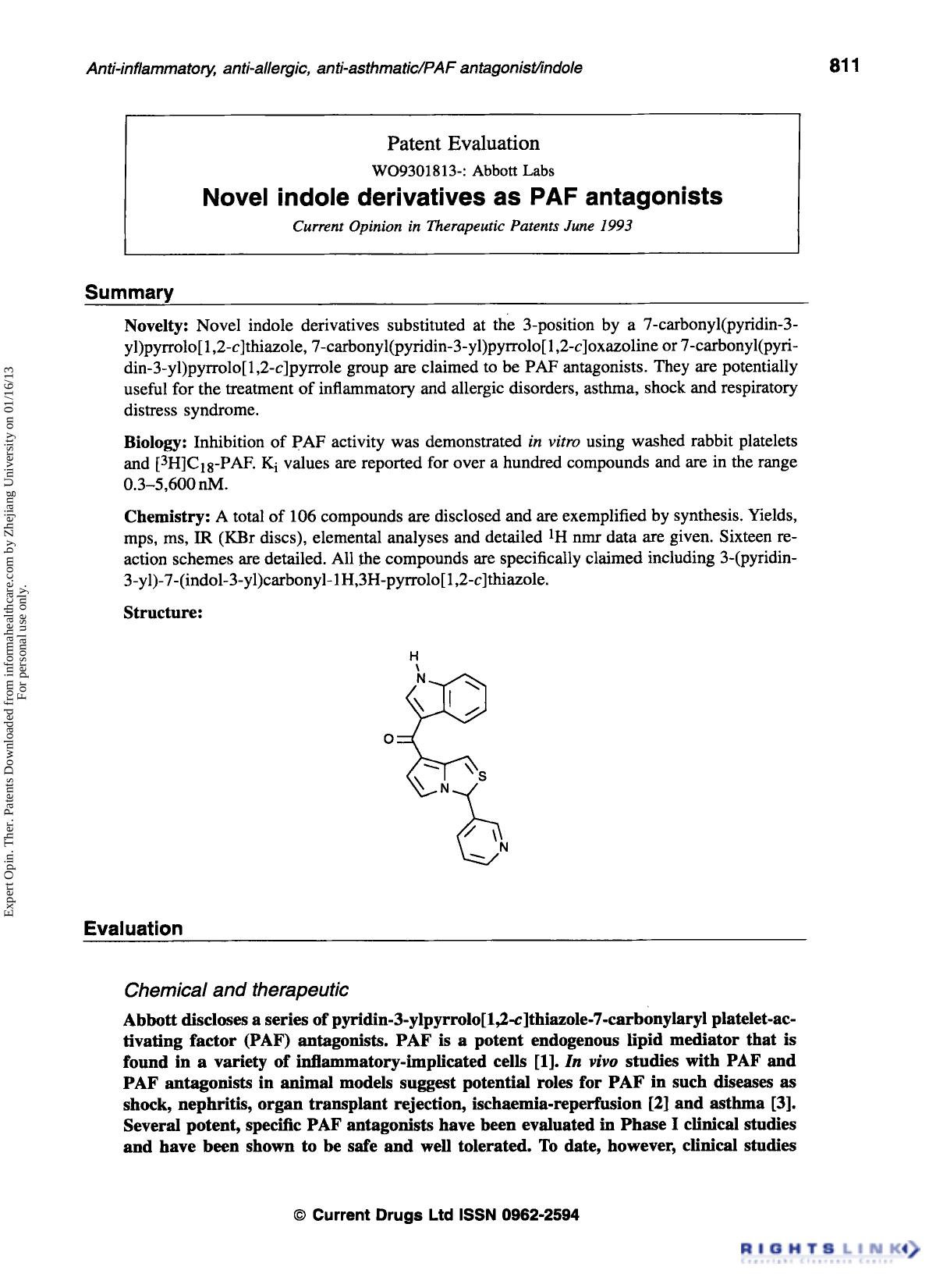 Patent Evaluation: Novel indole derivatives as PAF antagonists by Unknown