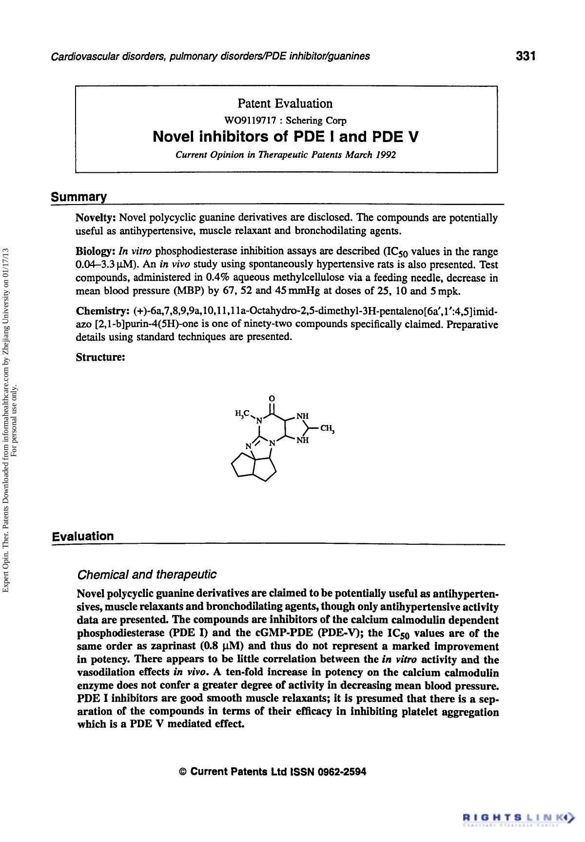 Patent Evaluation: Novel inhibitors of PDE I and PDE V by Unknown