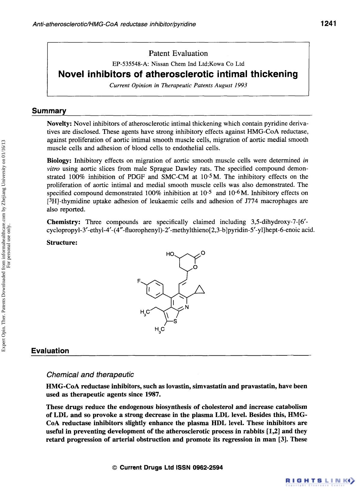 Patent Evaluation: Novel inhibitors of atherosclerotic intimal thickening by Unknown