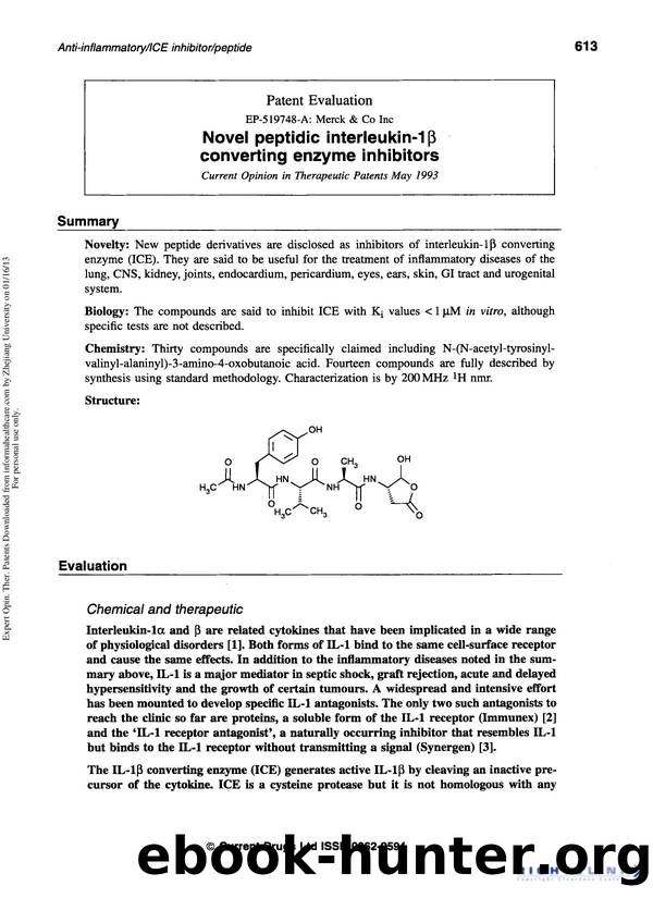 Patent Evaluation: Novel peptidic interleukin-1p converting enzyme inhibitors by Unknown