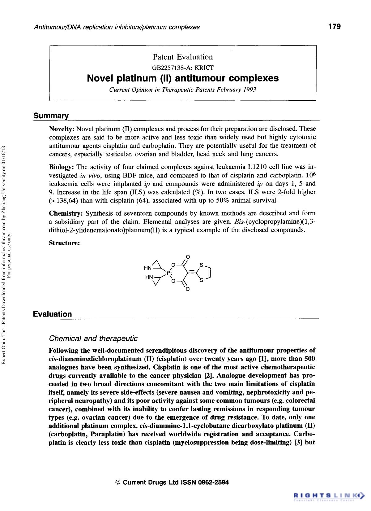 Patent Evaluation: Novel platinum (II) antitumour complexes by Unknown