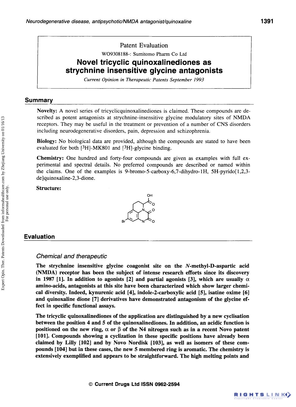 Patent Evaluation: Novel tricyclic quinoxalinediones as strychnine insensitive glycine antagonists by Unknown