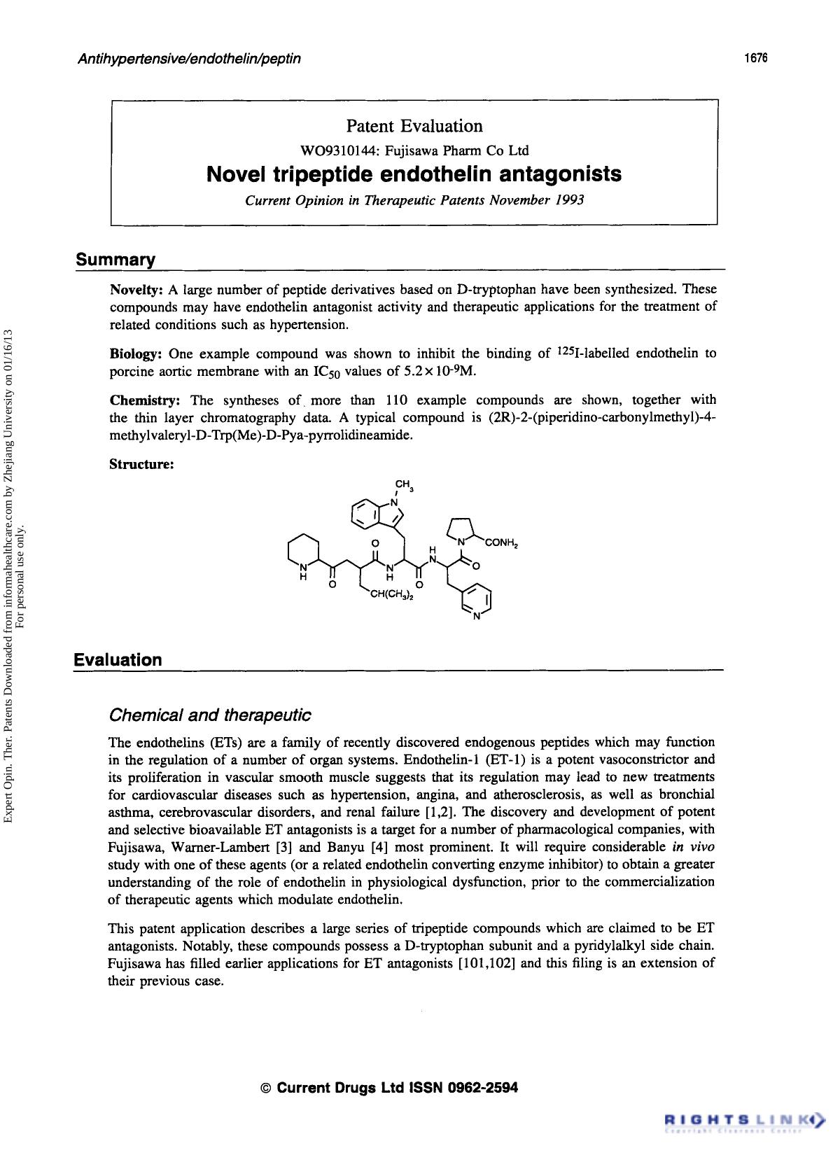 Patent Evaluation: Novel tripeptide endothelin antagonists by Unknown
