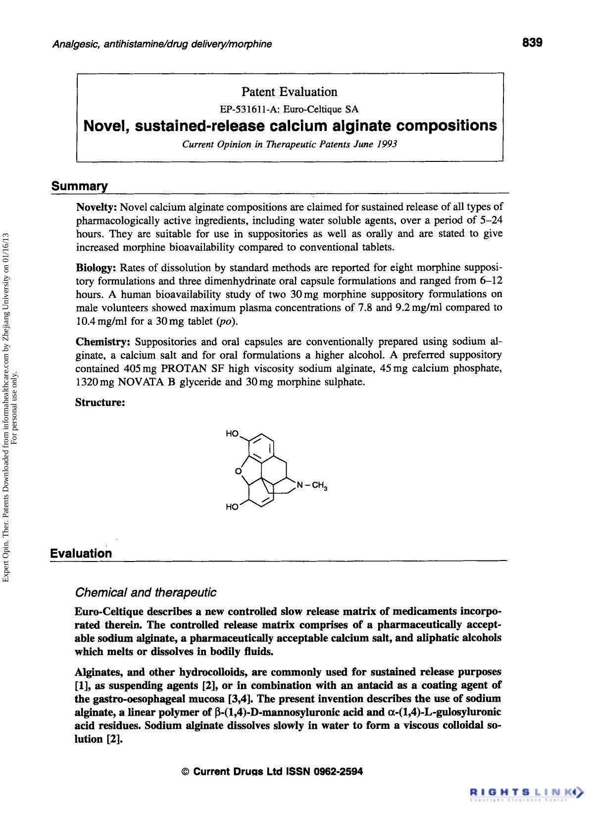 Patent Evaluation: Novel, sustained-release calcium alginate compositions by Unknown