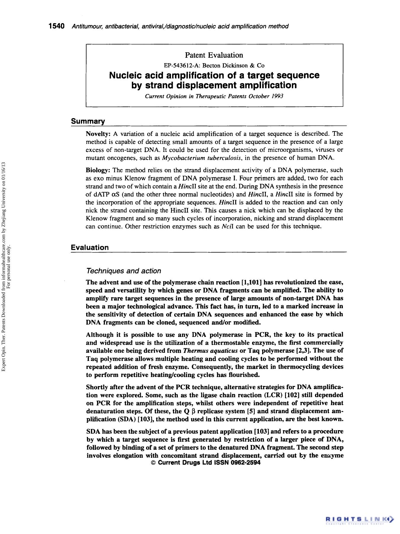 Patent Evaluation: Nucleic acid amplification of a target sequence by strand displacement amplification by Unknown