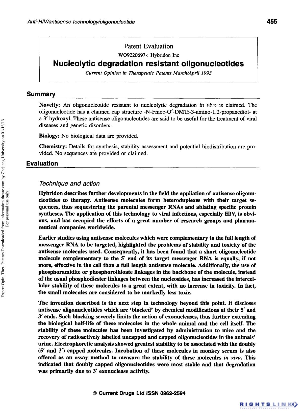 Patent Evaluation: Nucleolytic degradation resistant oligonucleotides by Unknown