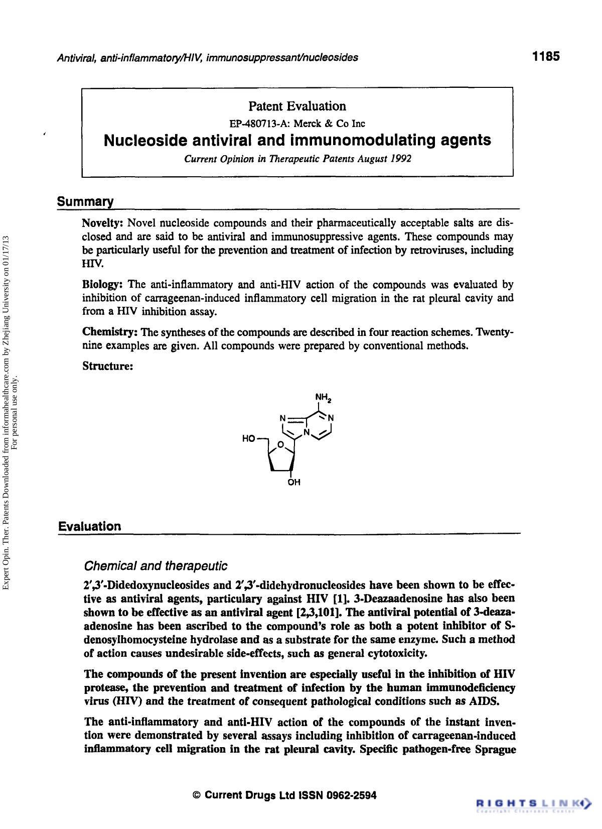 Patent Evaluation: Nucleoside Antiviral and Immunomodulating Agents by Unknown