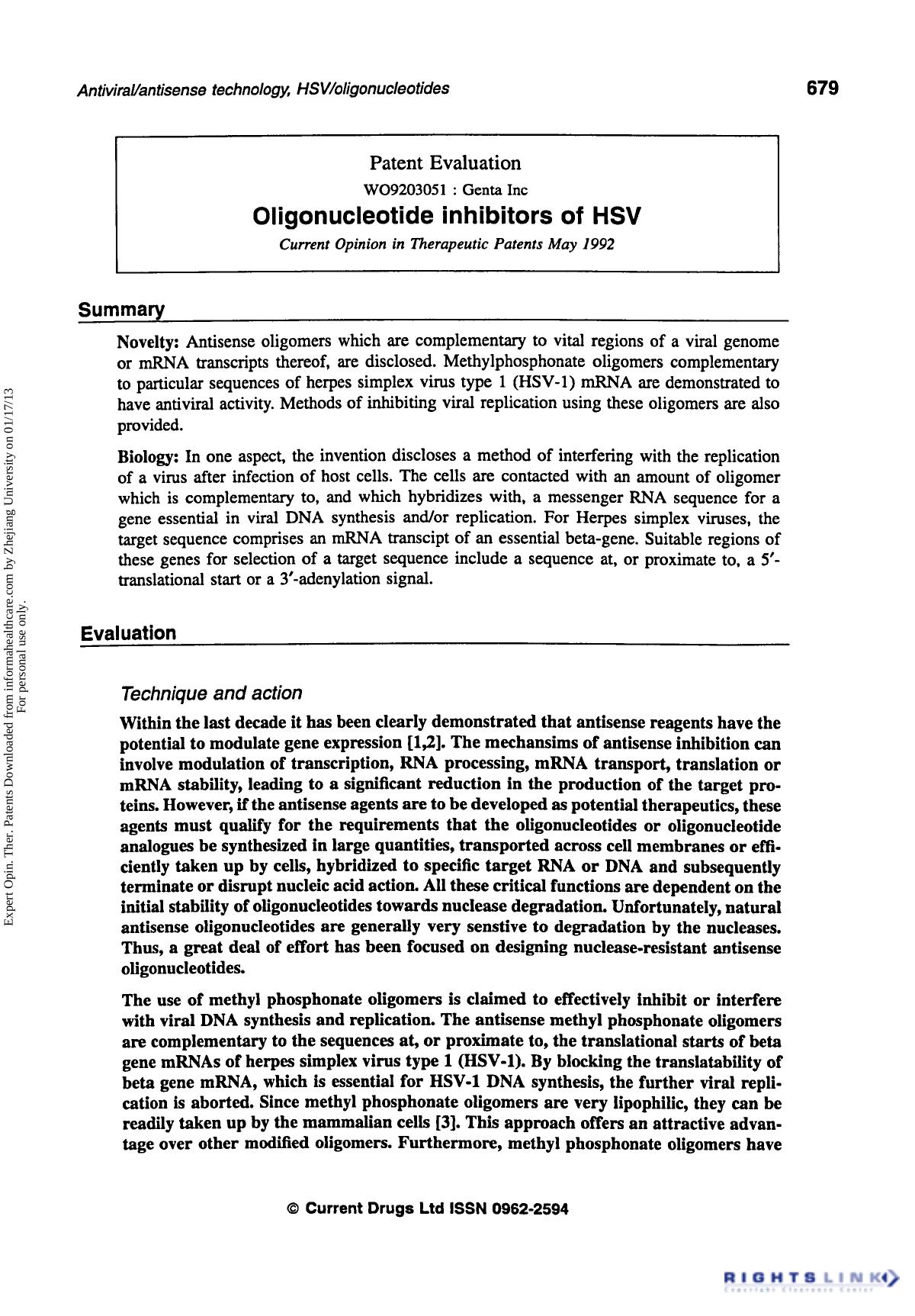 Patent Evaluation: Oligonucleotide Inhibitors of HSV by Unknown