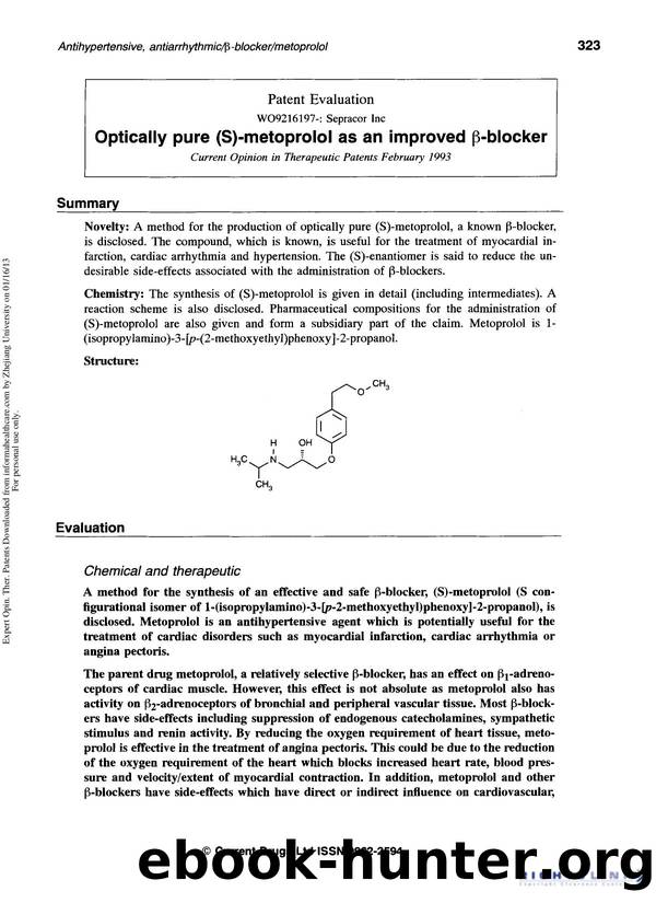 Patent Evaluation: Optically pure (S)-metoproloI as an improved Î²-bIocker by Unknown