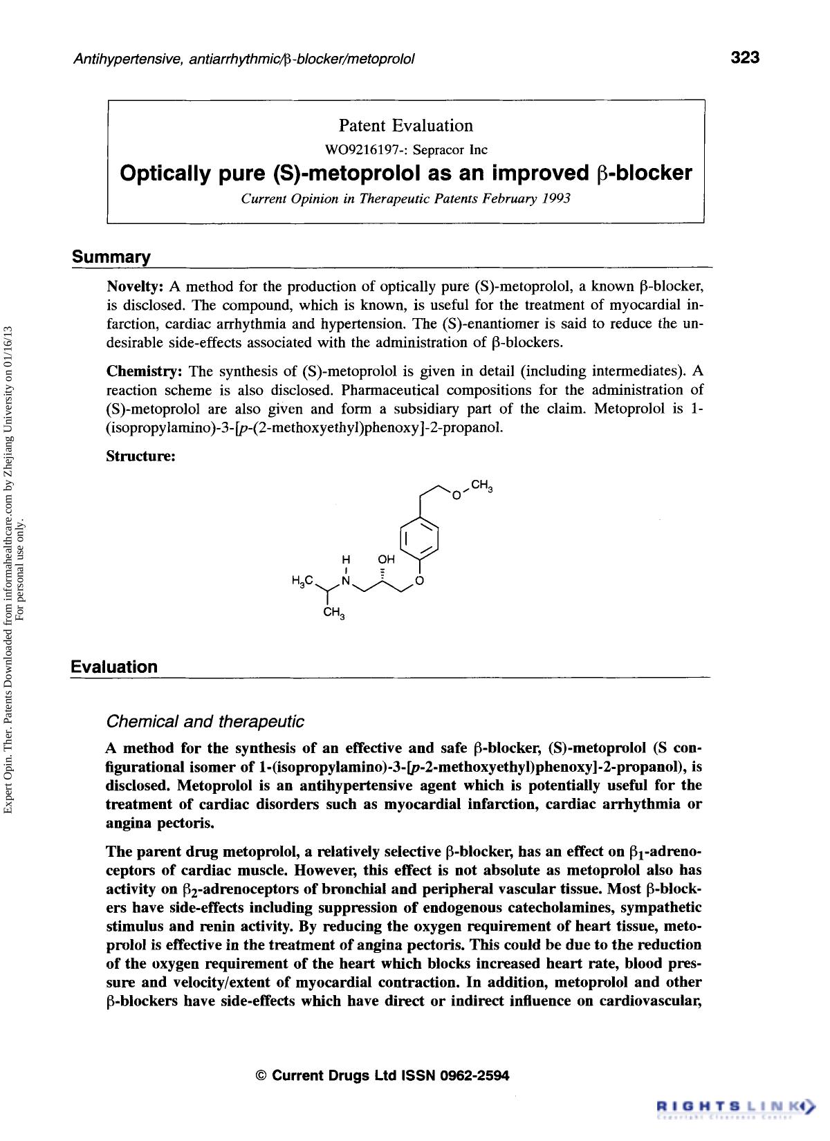 Patent Evaluation: Optically pure (S)-metoproloI as an improved β-bIocker by Unknown