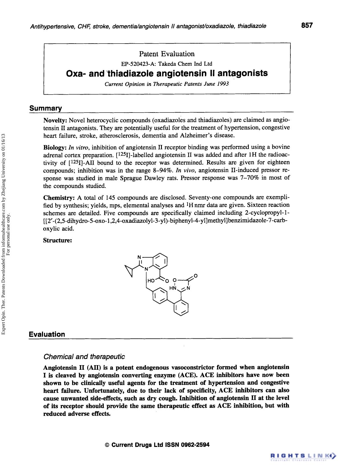 Patent Evaluation: Oxa- and thiadiazole angiotensin II antagonists by Unknown